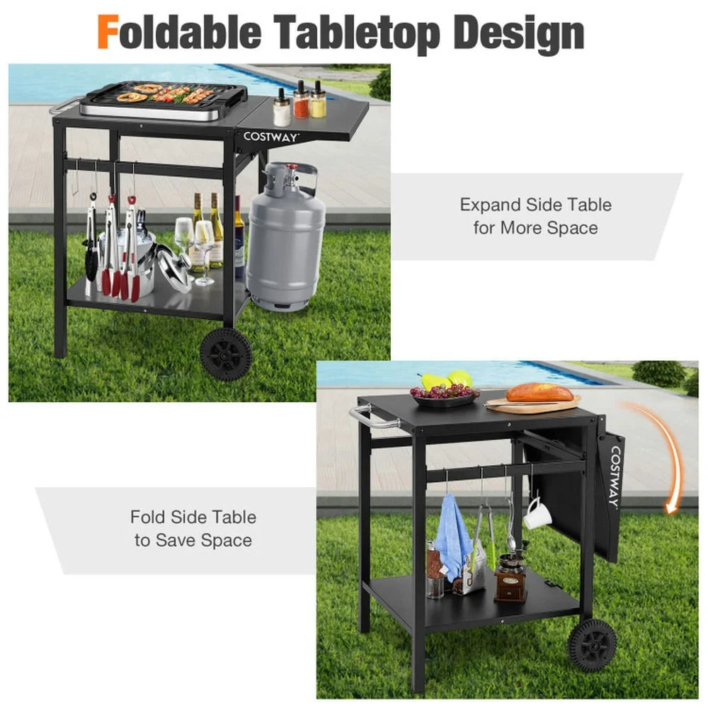 Outdoor Patio Barbecue Cooker, Outdoor Grills,Movable Outdoor Grill Cart with Folding Tabletop and Hooks-Black