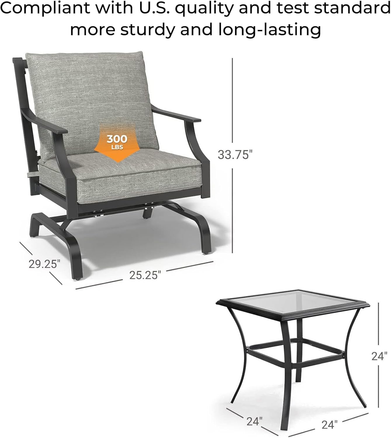 3-Piece Furniture Seating Motion Chairs Set Outdoor Bistro Set Patio Conversation Sets Glider Rocking Chair with Comfortable Gray Cushions Square Coffee Table for Garden Lawn & Poolside