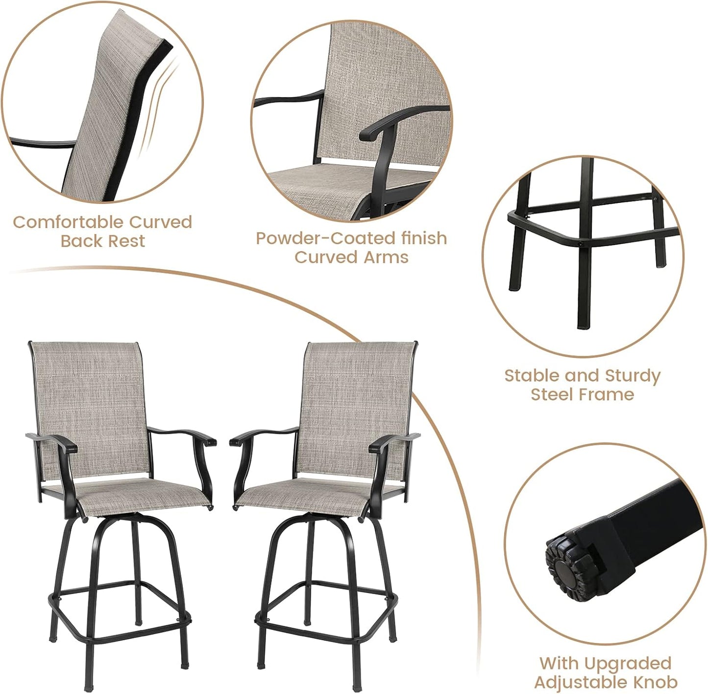 Set of 2 Outdoor Patio Swivel Bar Stools, High Bistro Stools Height Patio Chairs, All Weather Patio Bar Set Garden Furniture Bar Dining Chair, Gray