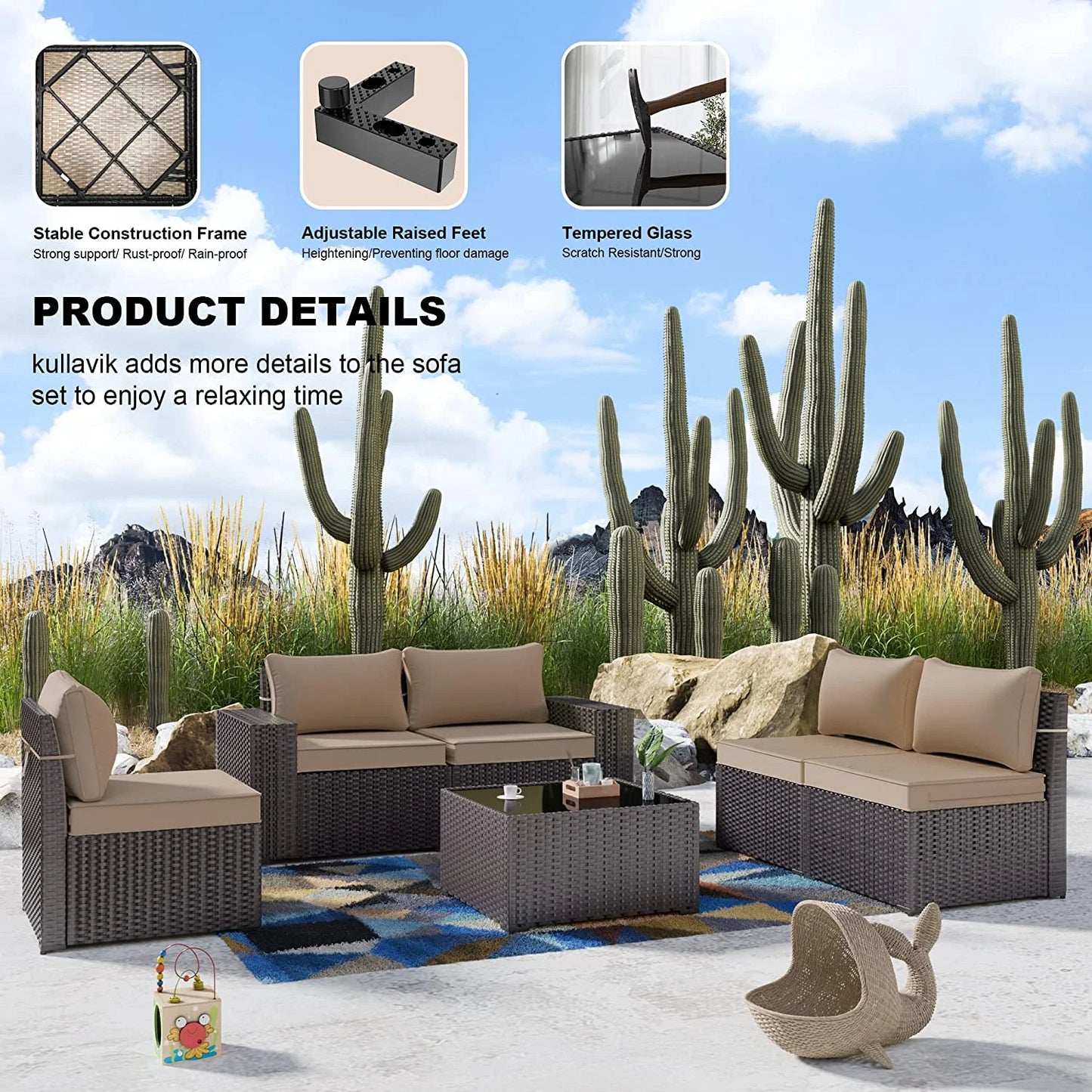 Outdoor Patio Furniture Set 6 Piece Sectional Rattan Wicker Sofa Set Patio Conversation Set,Sand