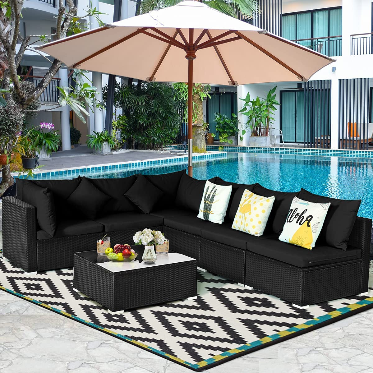 7 Piece Patio Furniture, Outdoor Sectional Sofa W/Pillows and Cushions, Wicker Conversation Set with Coffee Table and Tea Table for Garden, Lawn (Black)