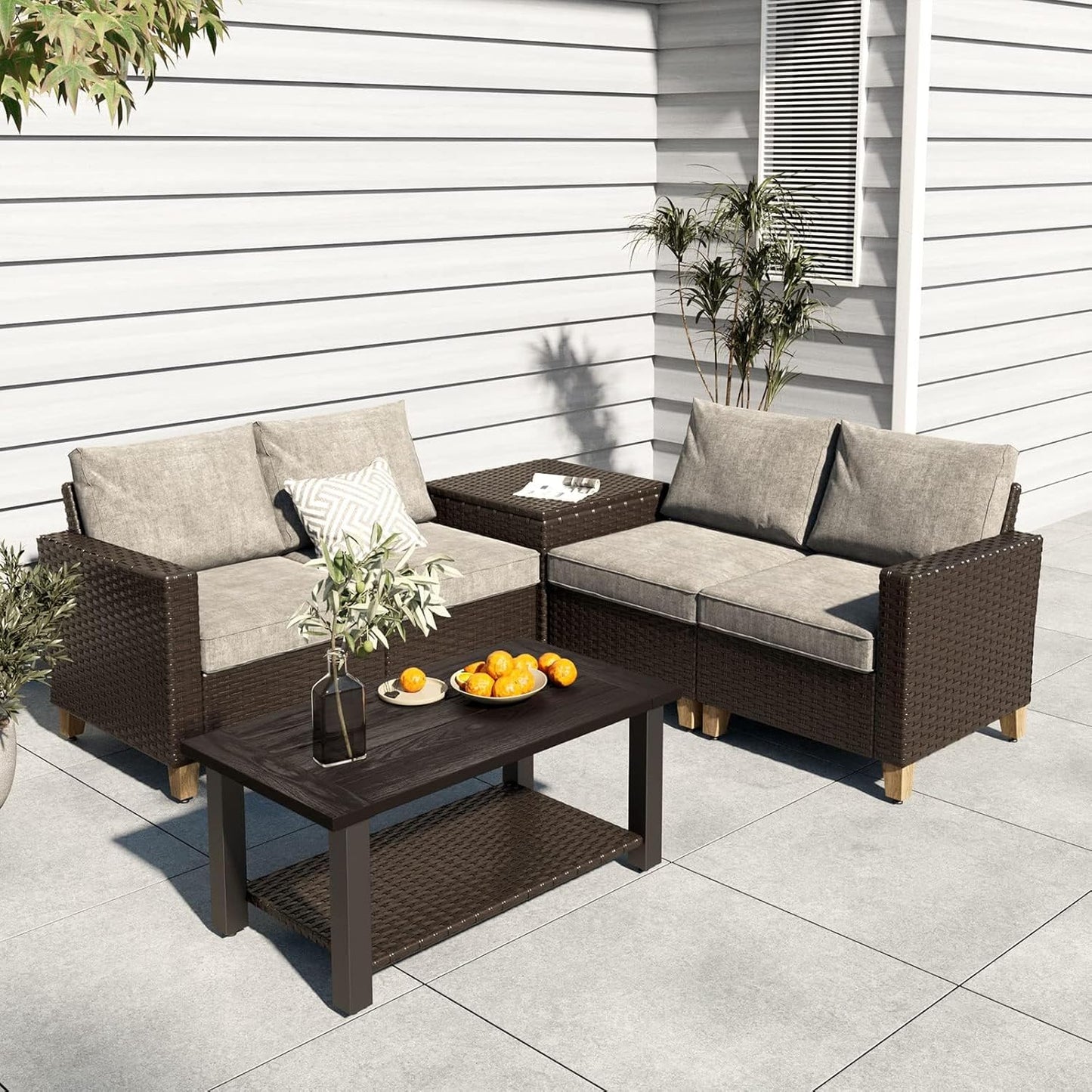 Sofa Sets Outdoor Furniture Sets 6 Pieces Conversation Set, PE Wicker Patio Furniture Sectional Sofa with Thick Olefin Cushions for Yard Garden Porch &Brown
