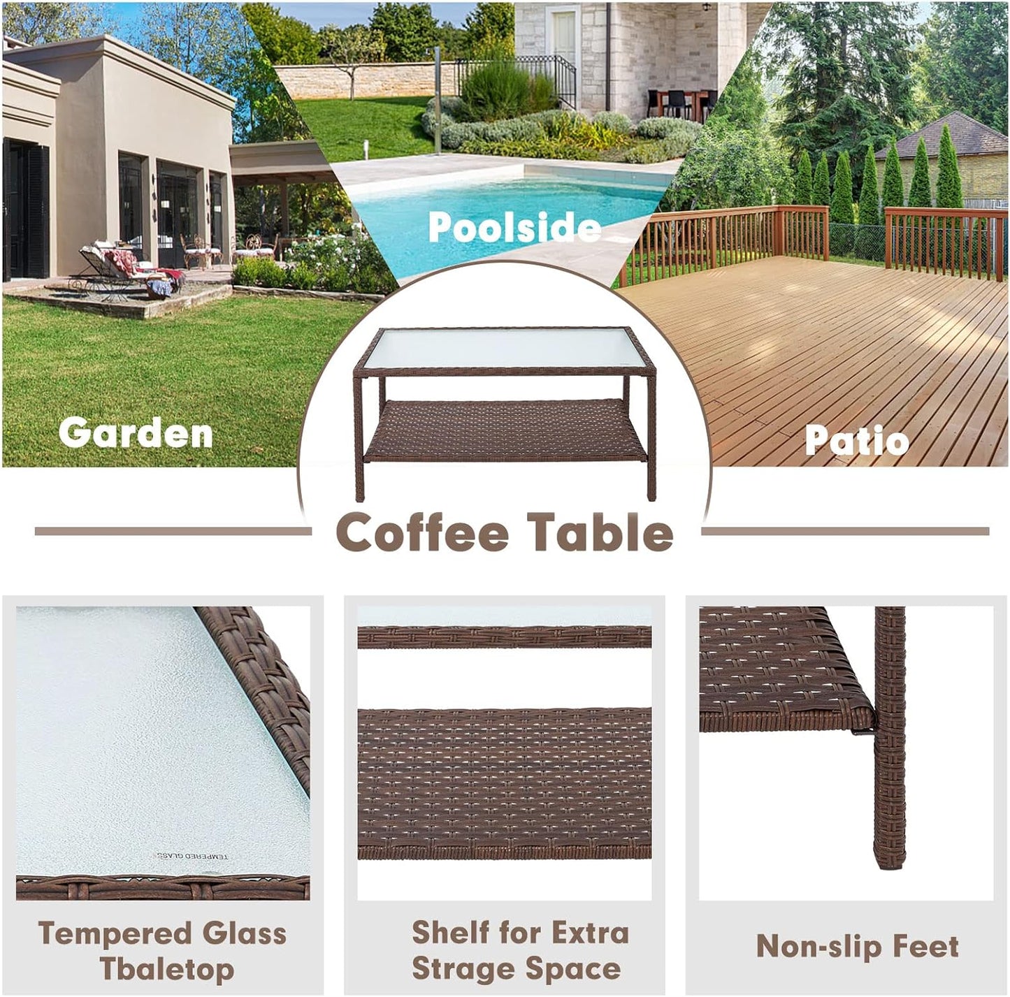 Outdoor Furniture 4-Piece Conversation Furniture Set All Weather Brown Wicker with Beige Cushions & Sophisticated Glass Coffee Table