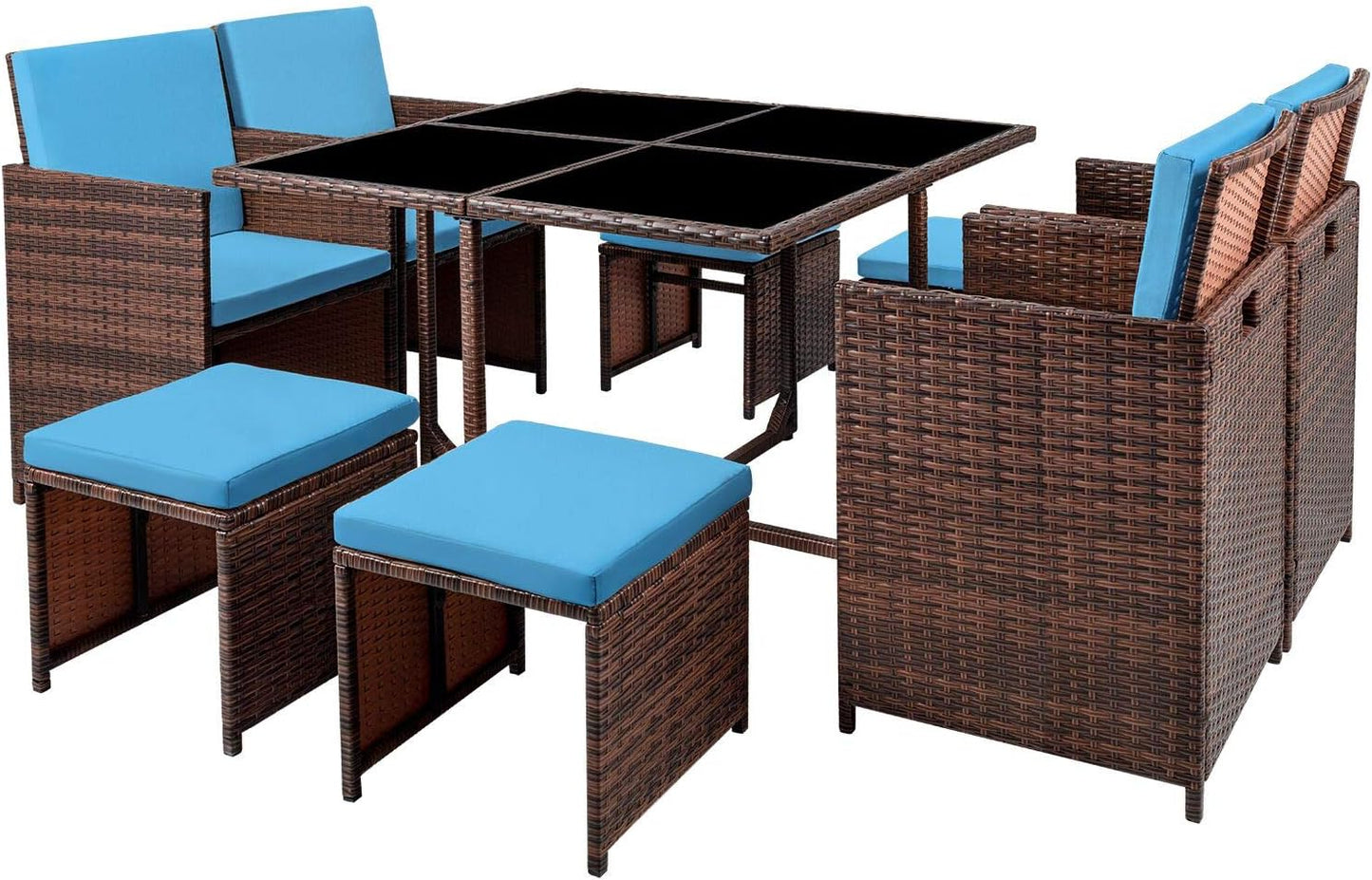 9 Pieces Patio Dining Outdoor Table and Chairs Table Set with Space Saving Rattan Chairs Patio Furniture Sets Cushioned Seating and Back (Blue)