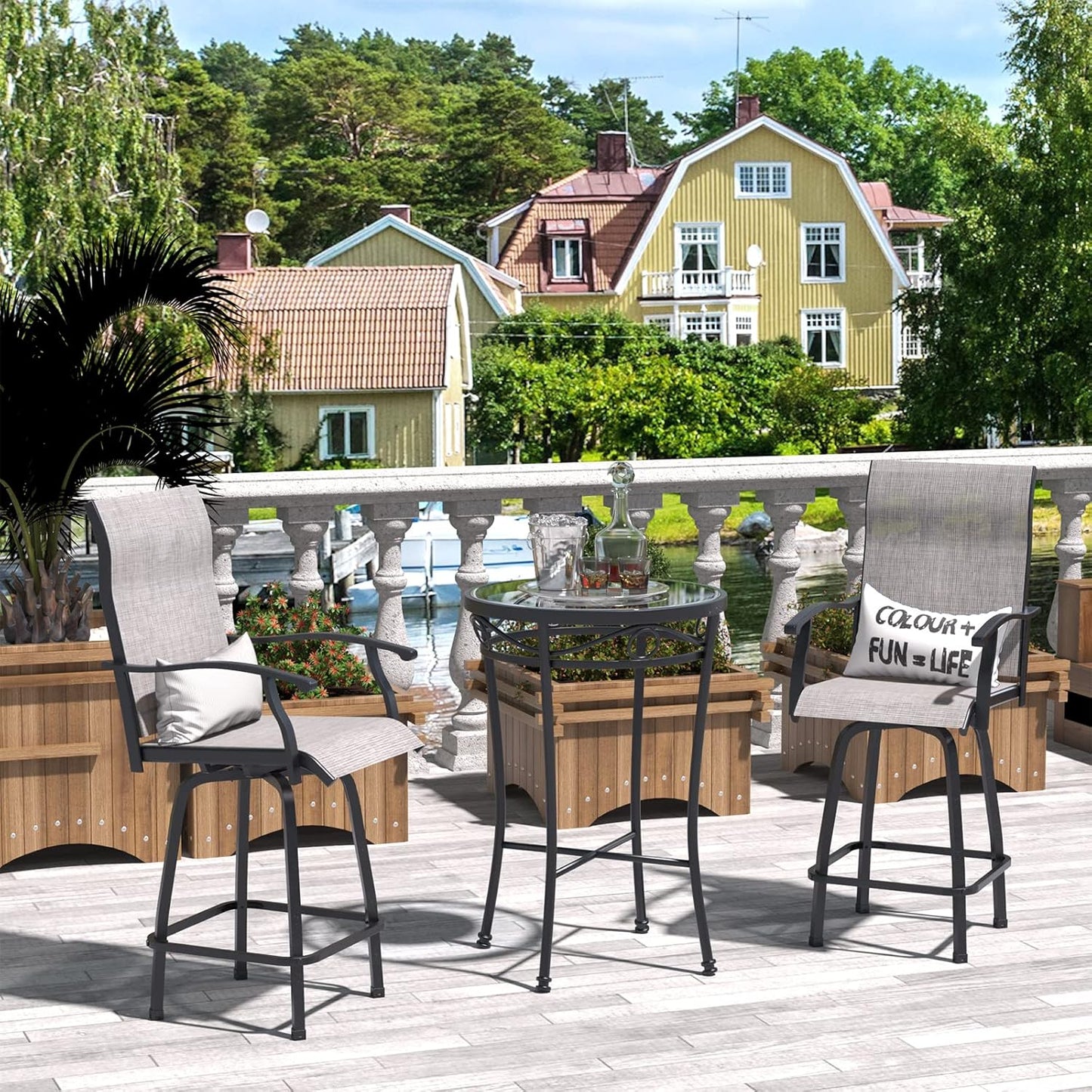 Set of 2 Outdoor Patio Swivel Bar Stools, High Bistro Stools Height Patio Chairs, All Weather Patio Bar Set Garden Furniture Bar Dining Chair, Gray