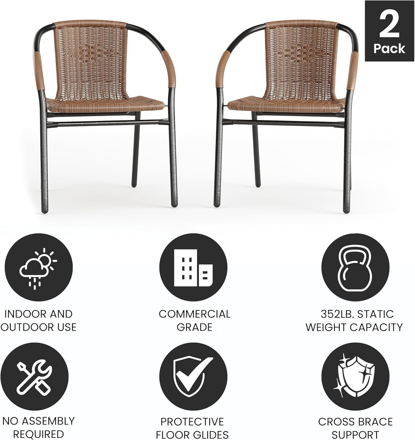 2 Pack Medium Brown Rattan Indoor-Outdoor Restaurant Stack Chair