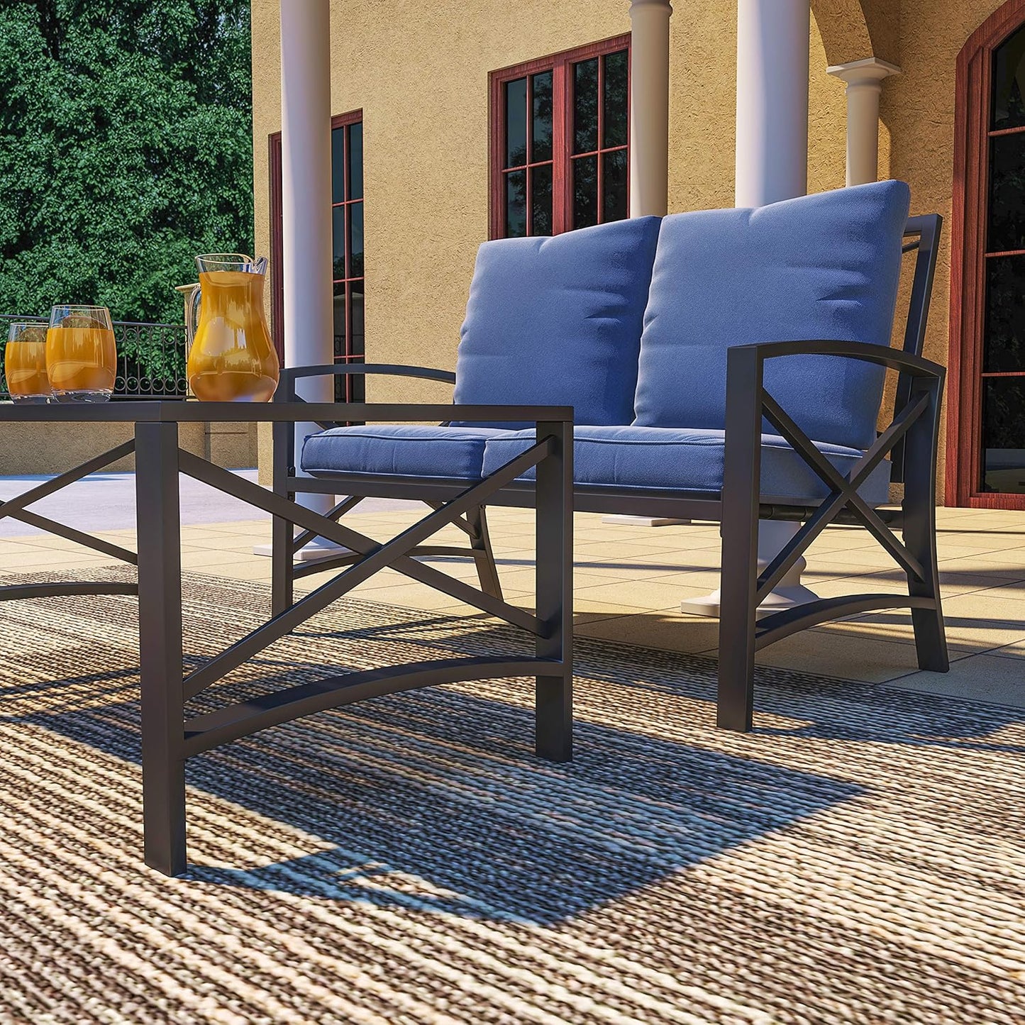 Patio Furniture Conversation Set Outdoor Patio Conversation Sectional Sets Rocking Chair Loveseat, Metal Frame with Cushions, Coffee Table for Pool-Side Backyard Lawn (5Pcs, Blue)