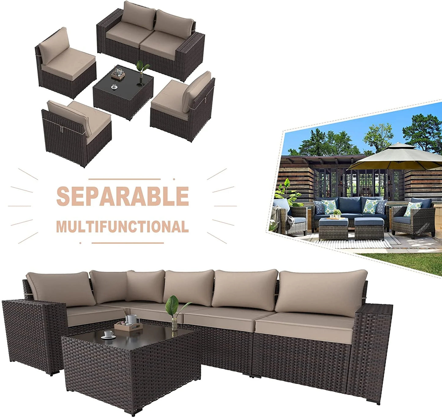 Outdoor Patio Furniture Set 6 Piece Sectional Rattan Wicker Sofa Set Patio Conversation Set,Sand
