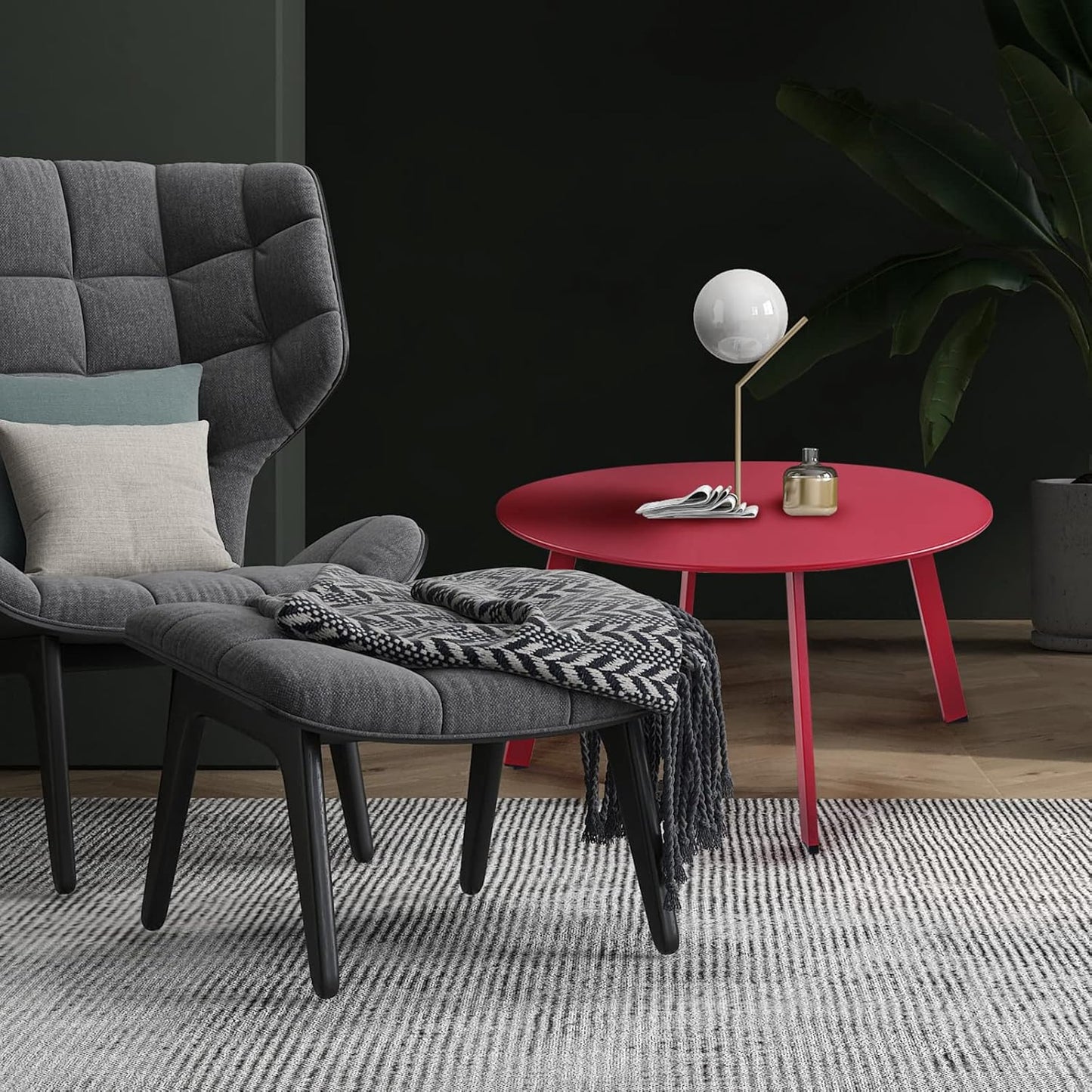 28-Inch round Side Table, Modern Steel Outdoor End Side Table for Patio Apartment Bedroom Living Room Balcony, Red
