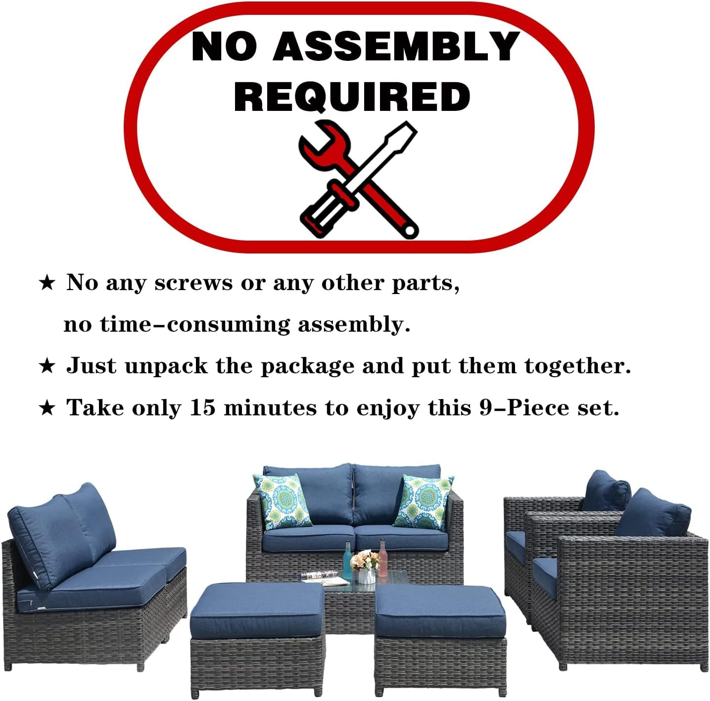 Patio Furniture Set, No Assembly 9 PCS Big Size Outdoor Sectional Sofa All Weather PE Rattan Wicker Outdoor Furniture with 2 Pillows,Grey Wicker Denim Blue