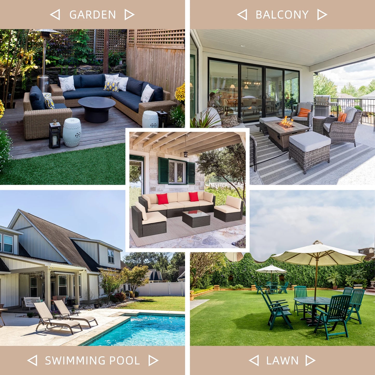 7 Pieces Patio Furniture Sets Outdoor All-Weather Sectional Patio Sofa Set PE Rattan Manual Weaving Wicker Patio Conversation Set Beige