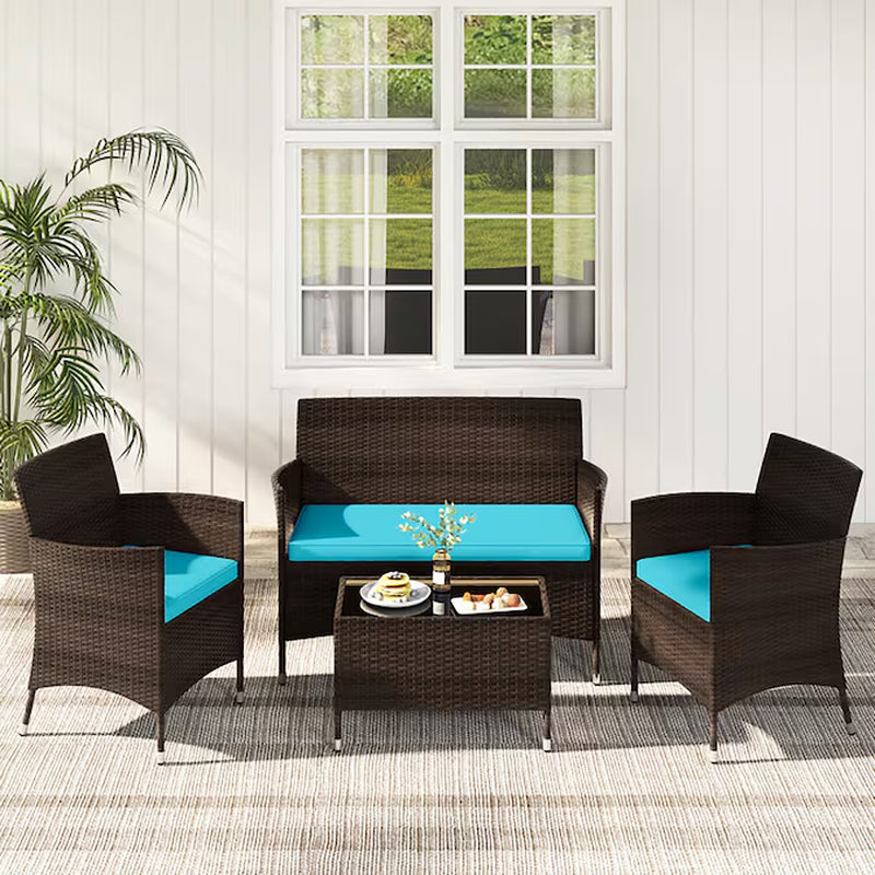 4 Pieces Comfortable Mix Outdoor Rattan Sofa Set with Glass Coffee Table 4 -Piece Rattan Patio Conversation Set with Blue Cushions