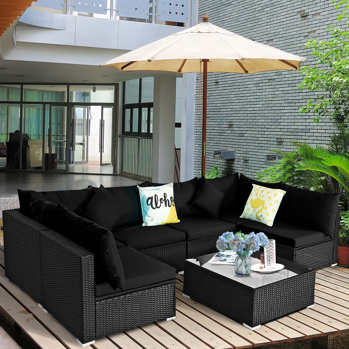 7 Piece Patio Furniture, Outdoor Sectional Sofa W/Pillows and Cushions, Wicker Conversation Set with Coffee Table and Tea Table for Garden, Lawn (Black)