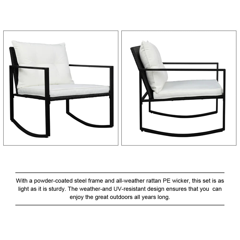 3 Pieces Patio Furniture Set Rocking Wicker Bistro Sets, Modern Outdoor Rocking Chair Furniture Sets Cushioned PE Rattan Chairs Conversation Sets with Coffee Table, Outdoor Chairs for Backyard, Q16777