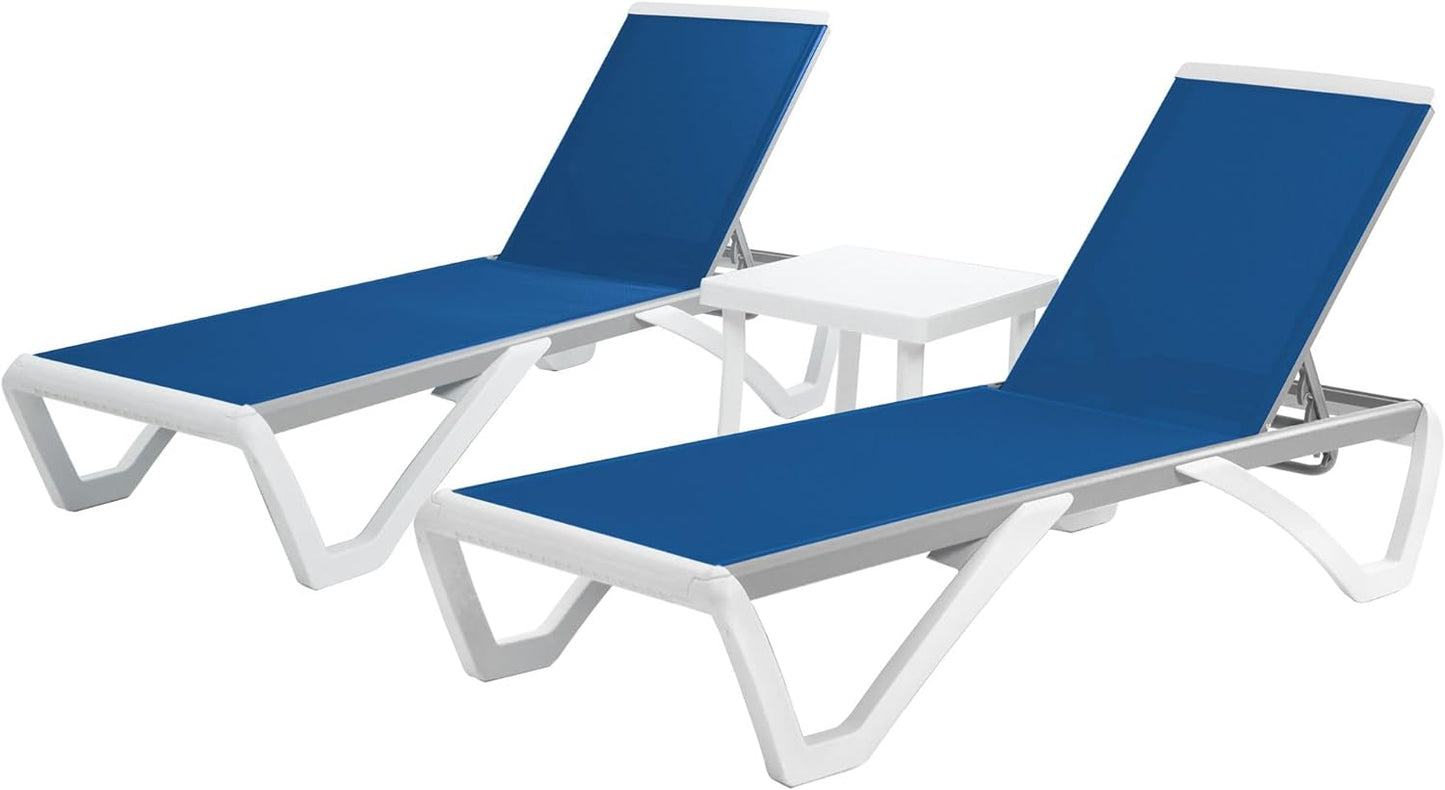 Patio Chaise Lounge Chair - Full Flat Alumium & Resin Legs, Outdoor Reclining Adjustable Chair for Sunbathing, Beach, Patio, Lounge Set with Table (2 Blue Textilence W/Table)