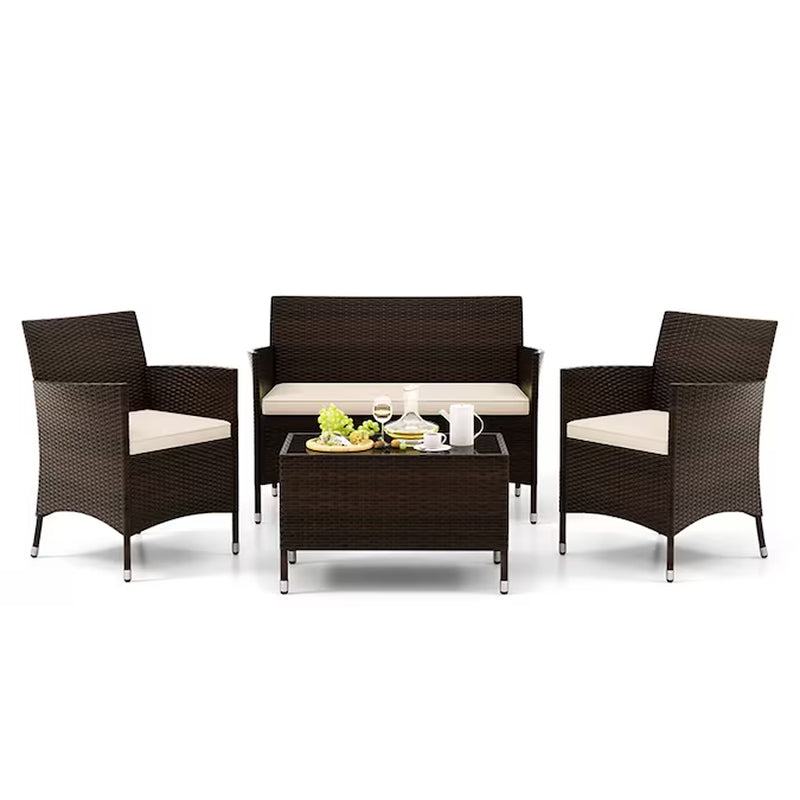 4 Pieces Comfortable Mix Outdoor Rattan Sofa Set with Glass Coffee Table 4 -Piece Rattan Patio Conversation Set with Blue Cushions