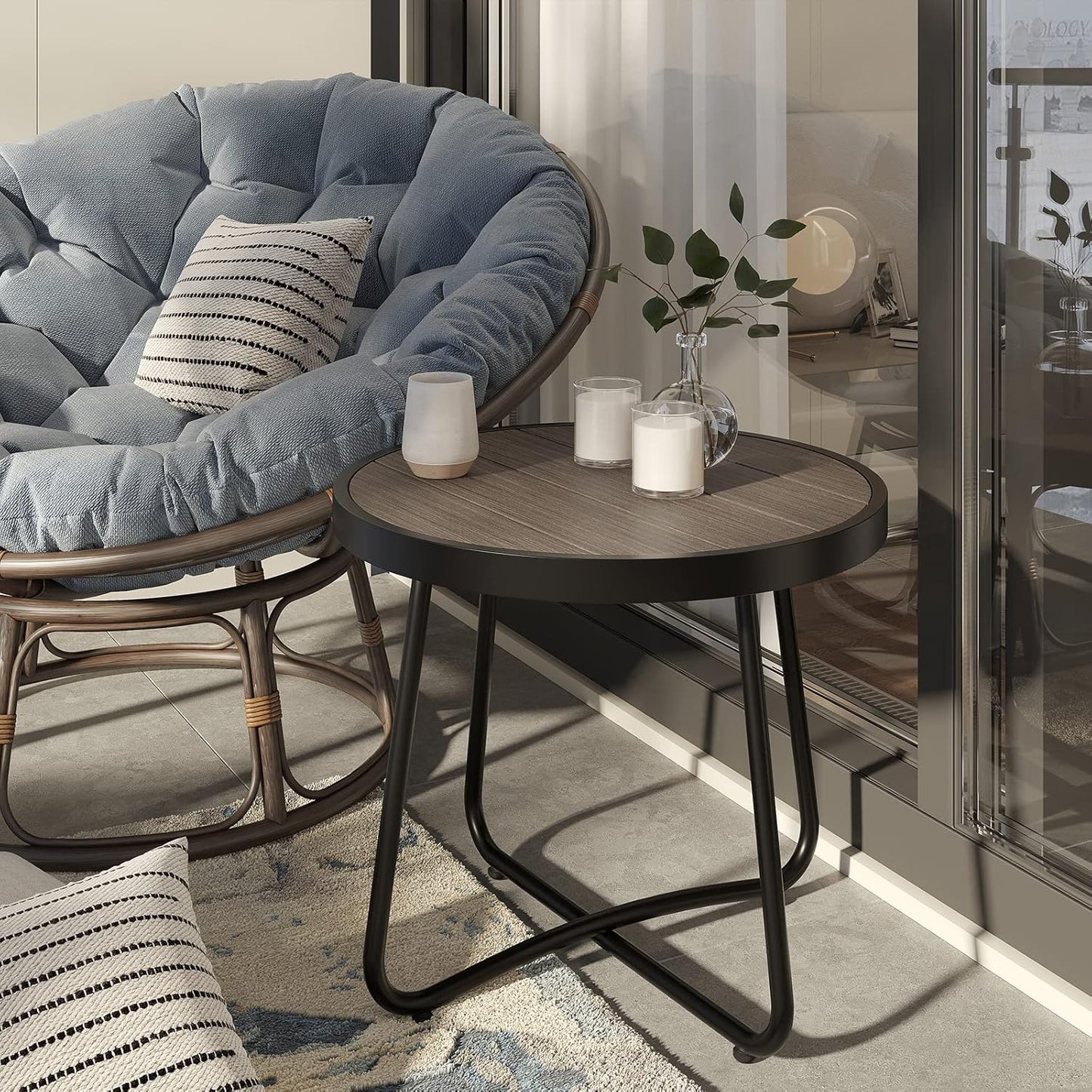 Outdoor Side Table, round End Table with Imitation Wood Tabletop, Dark Grey