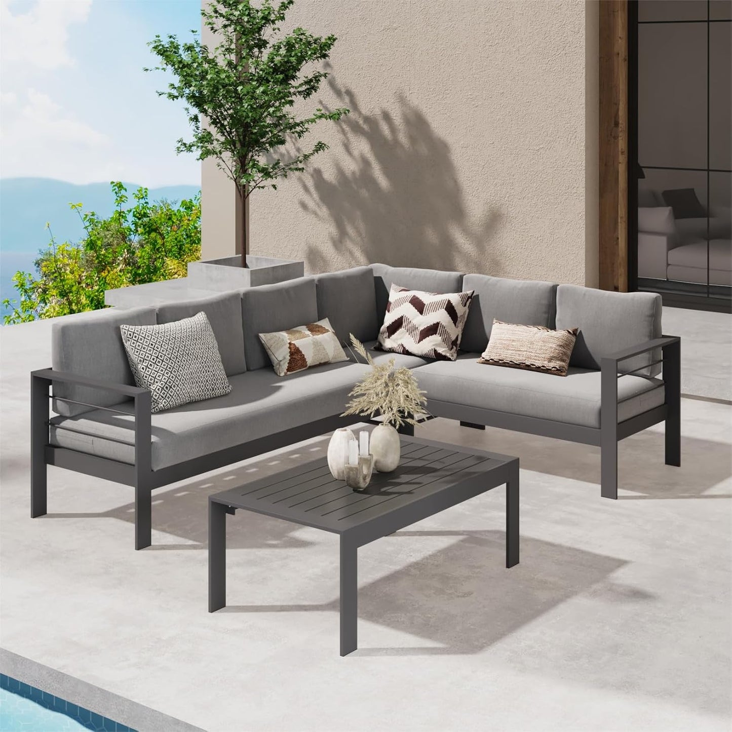 Patio Furniture Set, Outdoor Aluminum Sectional Sofa Couch with Coffe Table, All-Weather Metal Conversation Set with Upgraded Dark Grey Cushion