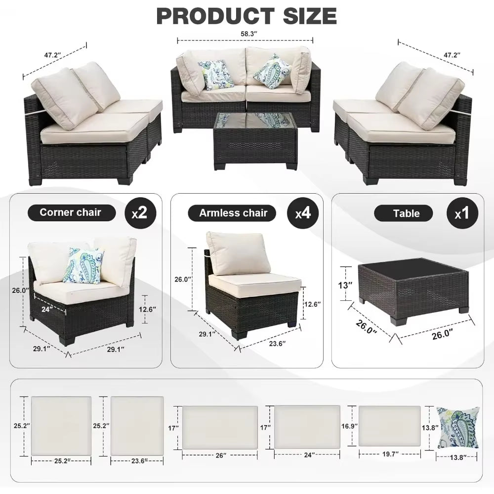 7 Piece Outdoor Patio Furniture Set, Seating Set with Rattan Table, Waterproof Cushions Included, Patio Sectional Furniture Set