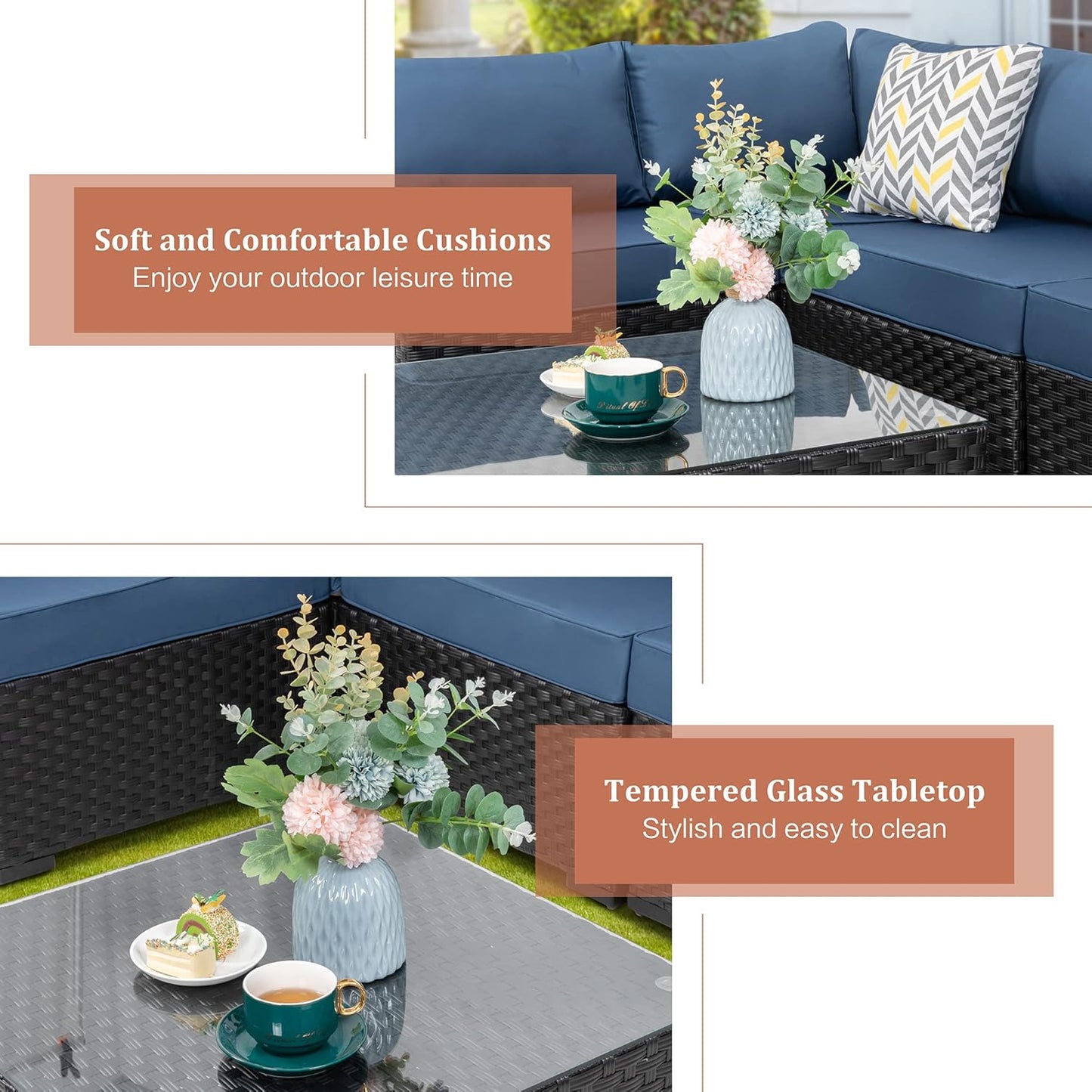 5 Pieces Outdoor Patio Furniture Set, All-Weather Rattan Patio Sectional Sofa Wicker Conversation Set with Glass Table and Cushions(Aegean Blue)