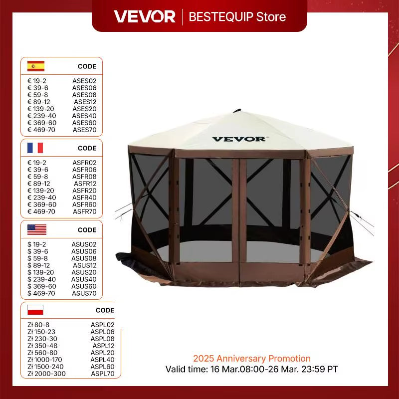 VEVOR Pop-Up Camping Gazebo Camping Canopy Shelter 6 Sided 12' X 12' / 10' X 10' Sun Shade Tents & Canopies Camping & Hiking