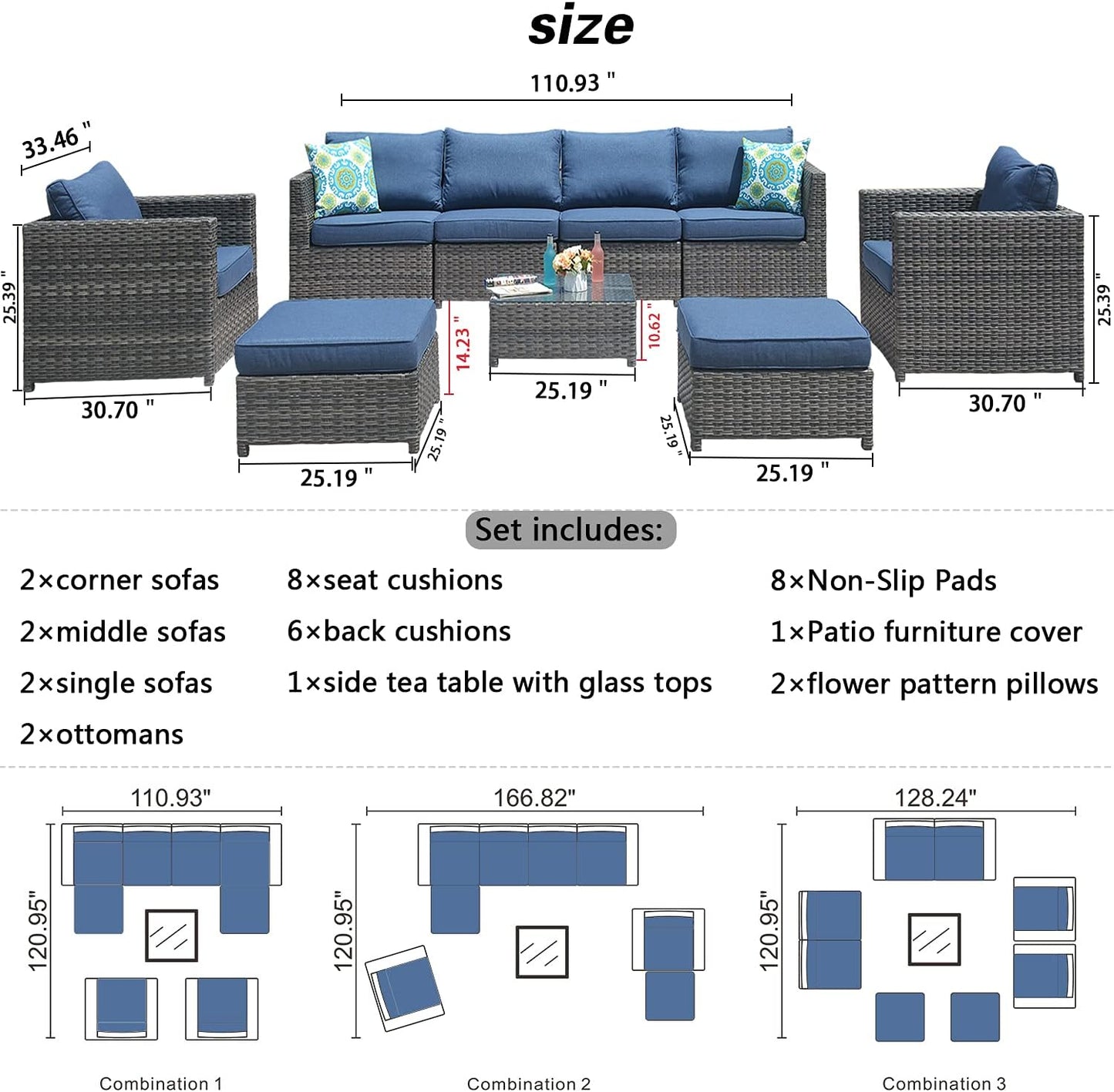 Patio Furniture Set, No Assembly 9 PCS Big Size Outdoor Sectional Sofa All Weather PE Rattan Wicker Outdoor Furniture with 2 Pillows,Grey Wicker Denim Blue
