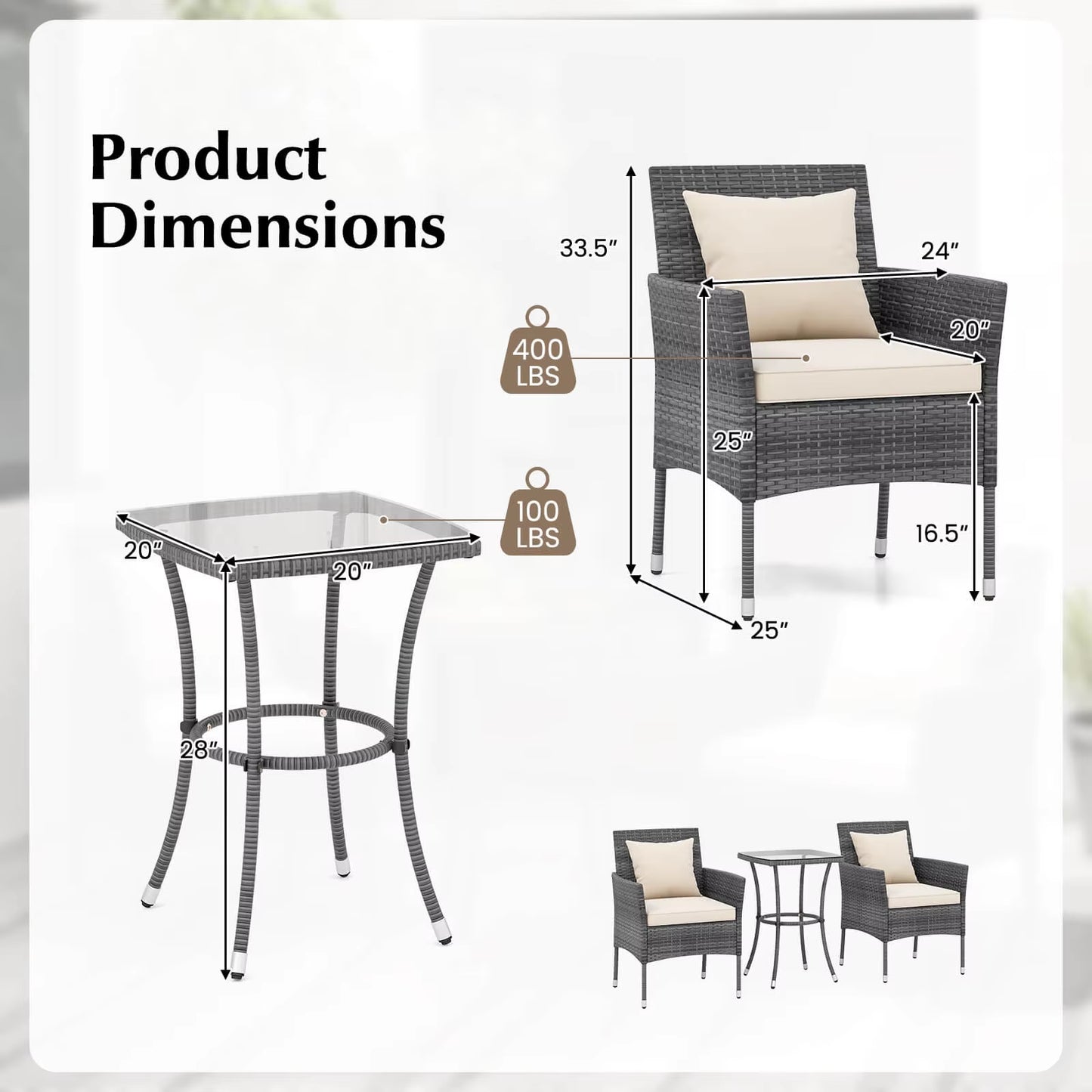 3 PCS Patio Furniture Set with Cushioned Patio Chairs & Tempered Glass Coffee Table