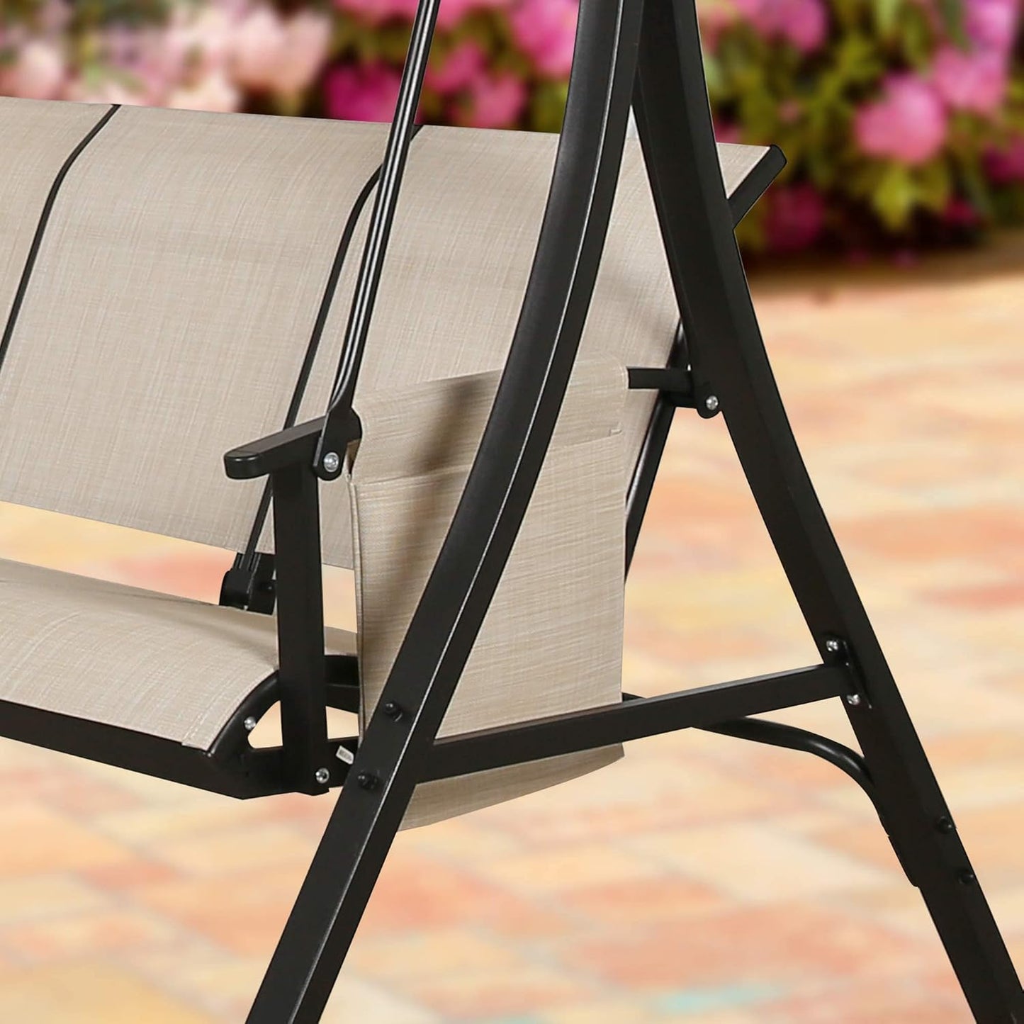 3-Seater Outdoor Porch Swing Patio Hammock Swing Glider Bench with Adjustable Canopy(Tan)