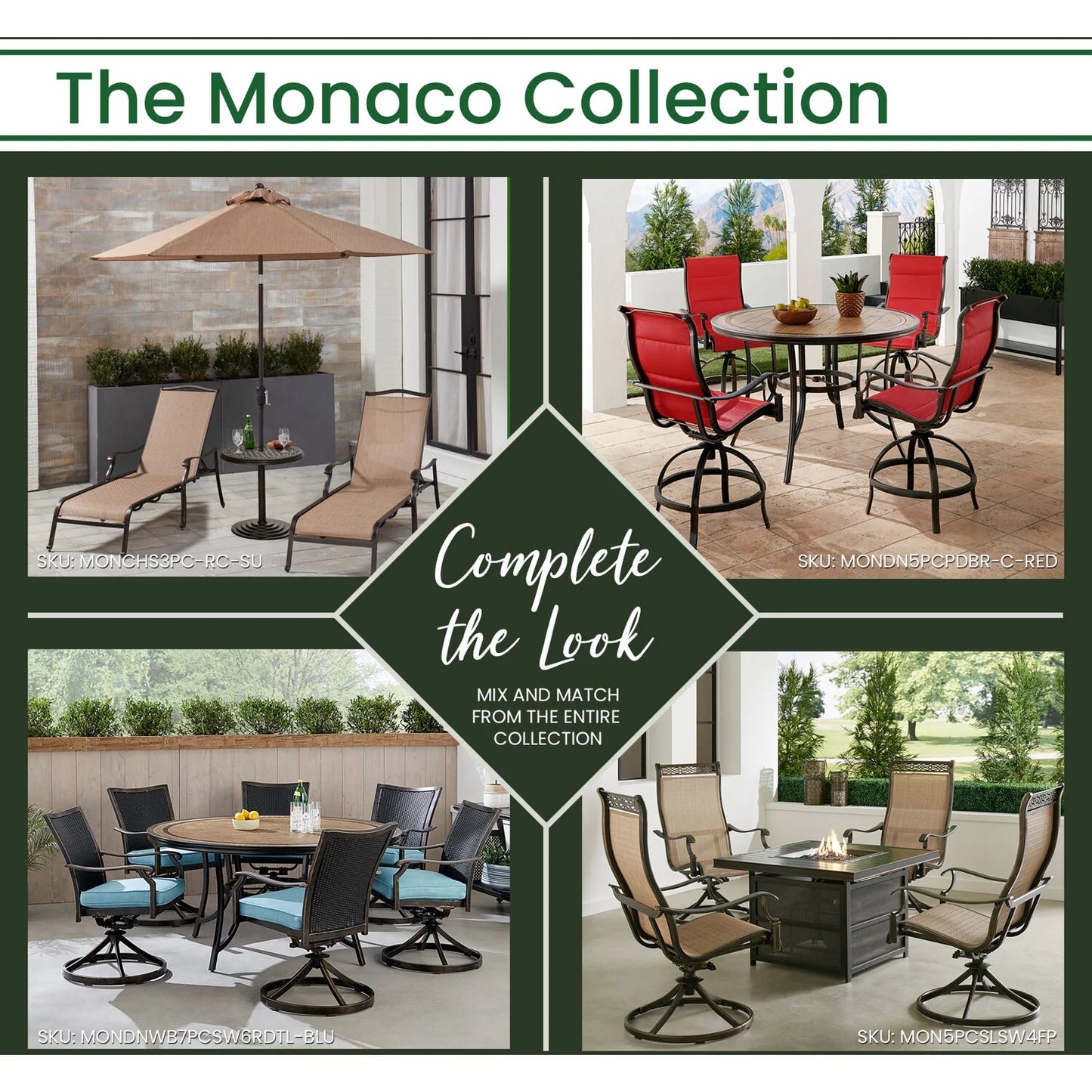 Monaco 7-Piece Outdoor High Dining Patio Set, 6 Counter-Height Padded Sling Swivel Chairs, 56" round Tile Table, 9' Umbrella, and Umbrella Base, Bronze Finish, Rust-Resistant, All-Weather
