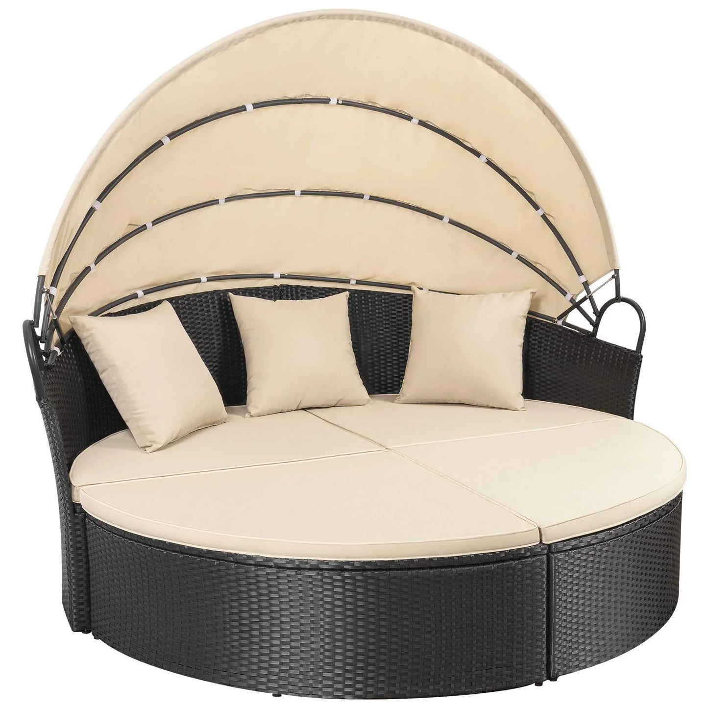 Outdoor Patio round Daybed with Retractable Canopy Wicker Furniture Sectional Seating with Washable Cushions for Patio Backyard Porch Pool Daybed Separated Seating (Beige)
