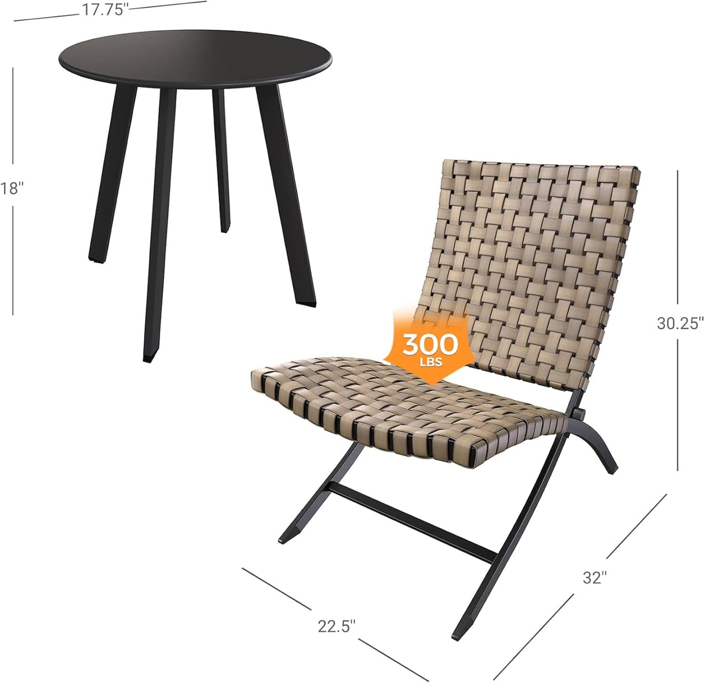 3 Piece Leather Texture Wicker Patio Chairs, Foldable Balcony Furniture Set with Outdoor Lounge Seating and Side Table