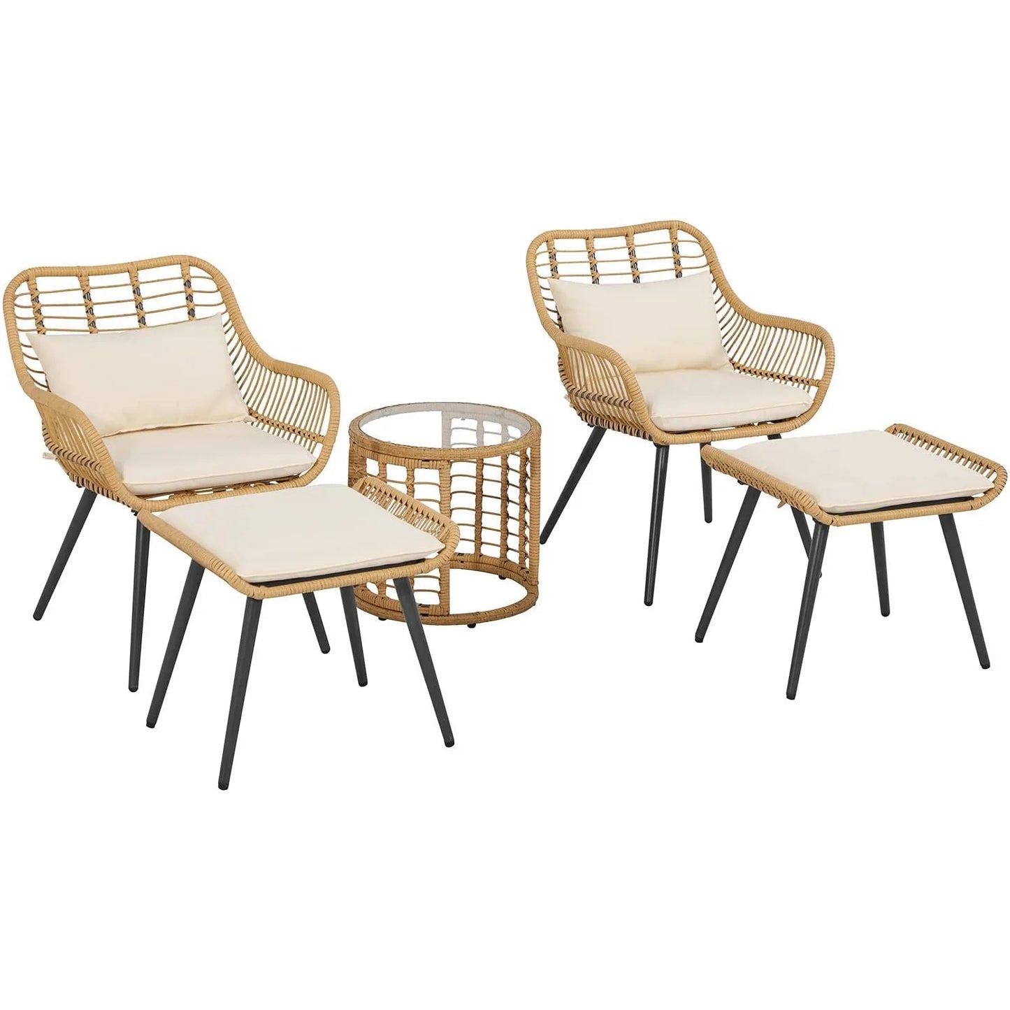 5-Piece Outdoor Wicker Furniture Set, Rattan Bistro All Weather Patio Conversation Set with Ottoman and round Coffee Side Table