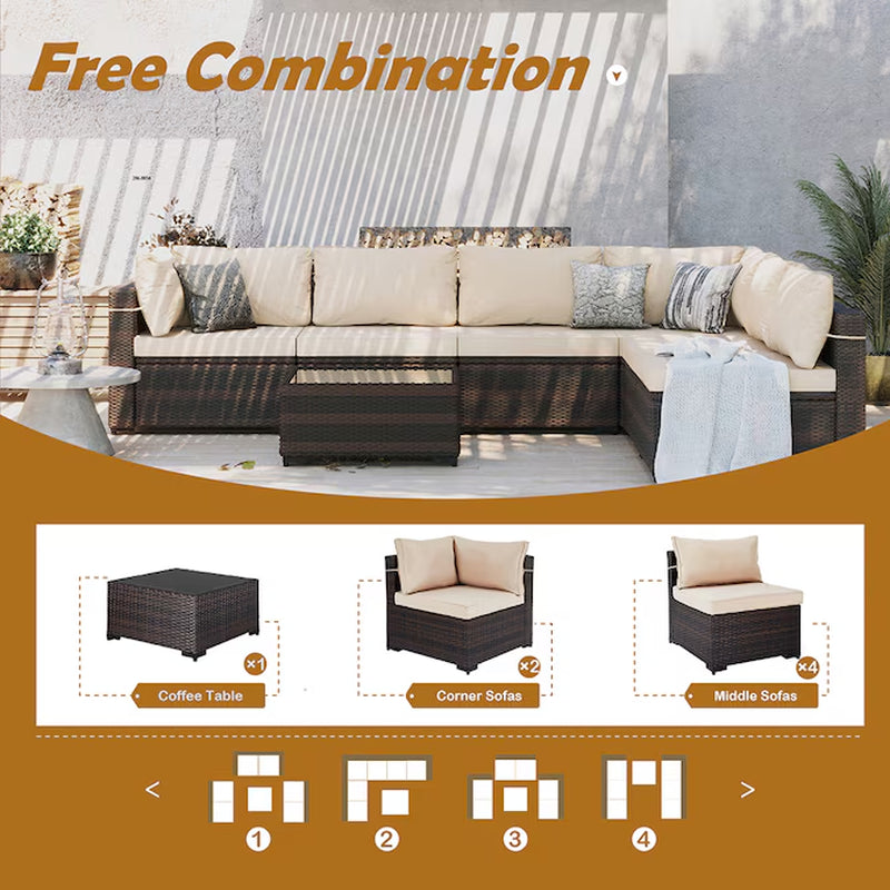 7 -Piece Rattan Patio Sofa Conversation Set with Off-White Cushions