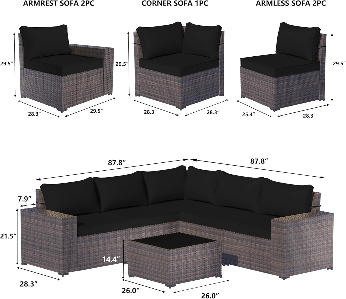 6 Piece Patio Furniture Sets Outdoor Conversation Sofa Set, All-Weather High Back PE Rattan Wicker Sectional Furniture Patio Sofa W/Tempered Glass Top Table&Thickened Cushions(Black)