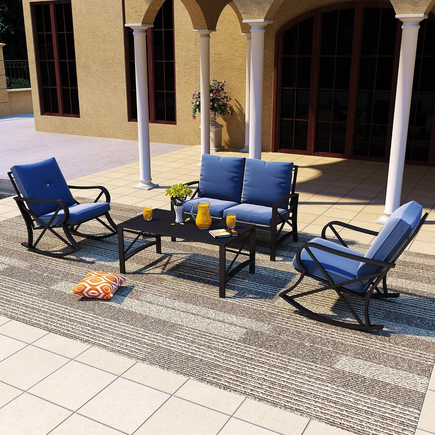 Patio Furniture Conversation Set Outdoor Patio Conversation Sectional Sets Rocking Chair Loveseat, Metal Frame with Cushions, Coffee Table for Pool-Side Backyard Lawn (5Pcs, Blue)