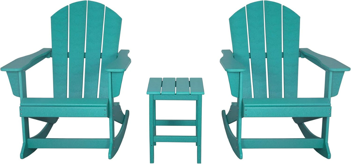 WO Home Furniture Patio Rocking Chair Set of 3 PCS Classic Outdoor Adirondack Rocker Chairs & Table (Turquoise)