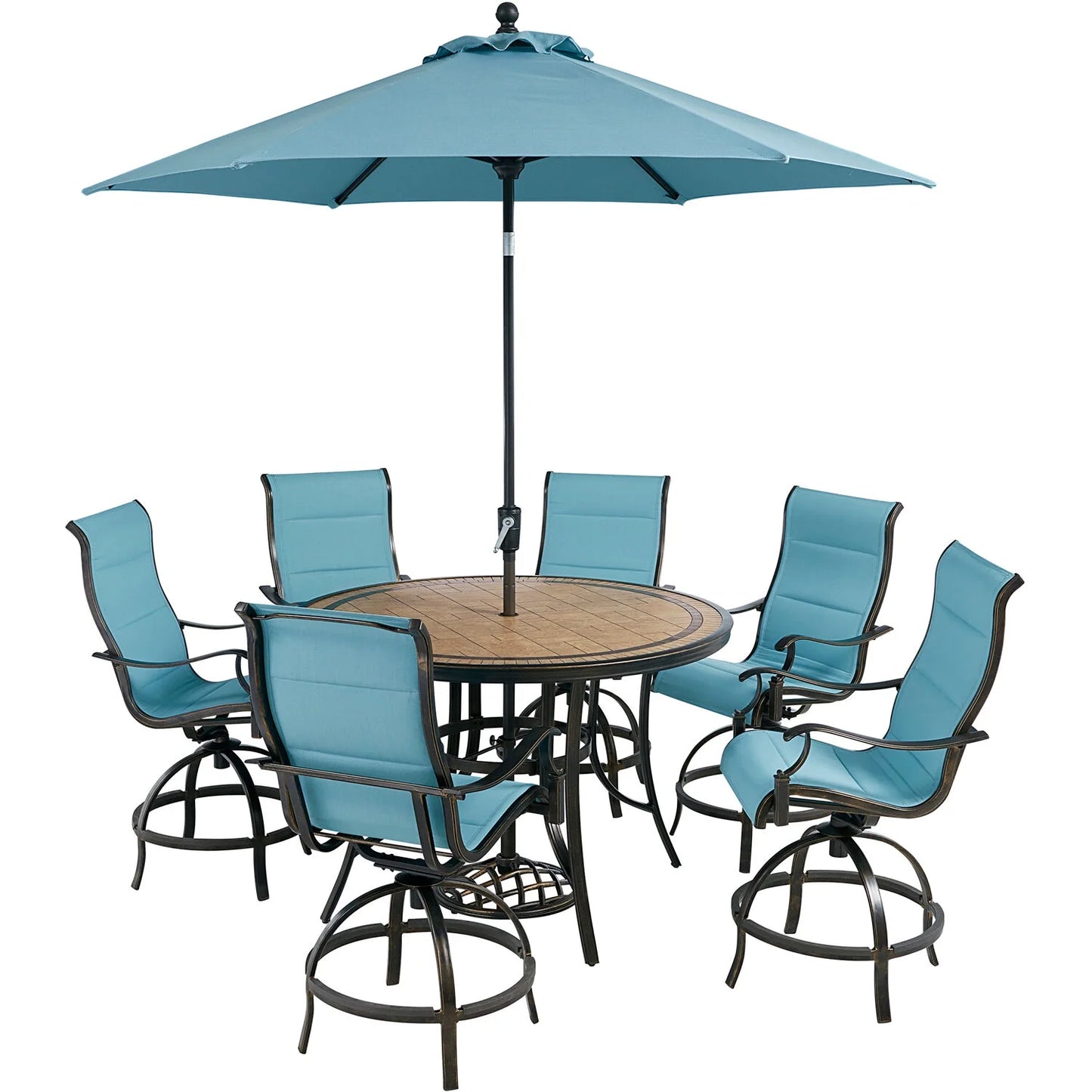 Monaco 7-Piece Outdoor High Dining Patio Set, 6 Counter-Height Padded Sling Swivel Chairs, 56" round Tile Table, 9' Umbrella, and Umbrella Base, Bronze Finish, Rust-Resistant, All-Weather