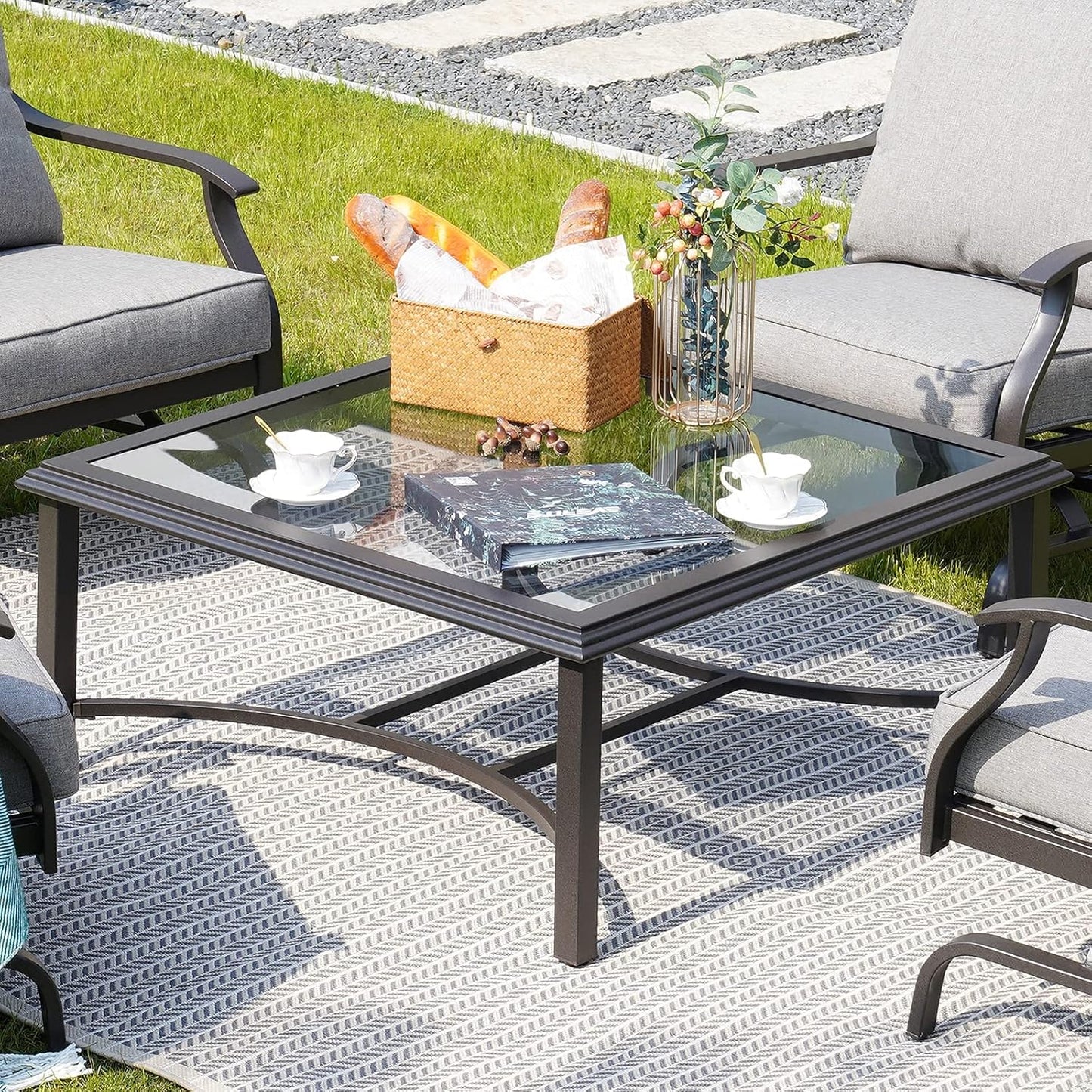 Outdoor Glass Coffee Table,Outdoor Furniture Coffee,Patio Garden Furniture Multi-Functional Tea Table with Tempered Glass Top, for Conversation-Square (Outdoor Glass Coffee Table)