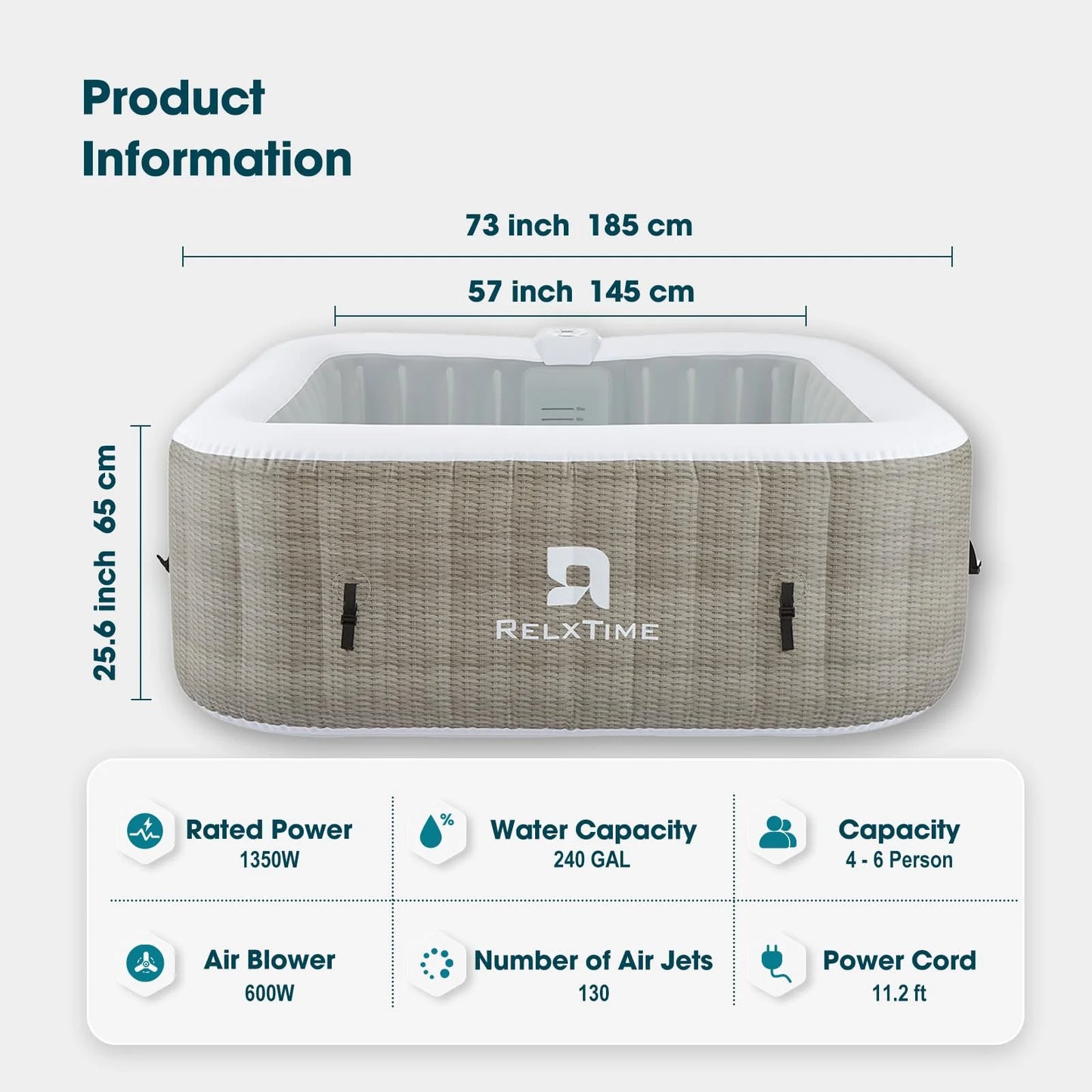 Inflatable Outdoor Hot Tub for 6 Person Square Spa with 120 Bubble Jets, Filter Cartridges