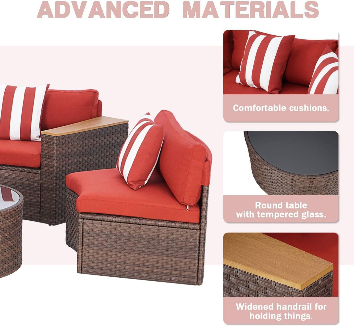 5-Piece Patio Sectional Furniture Set Half-Moon Patio Set Brown Wicker Curved Outdoor Sofa with Red Cushions & round Glass Coffee Table (Pillow Included)