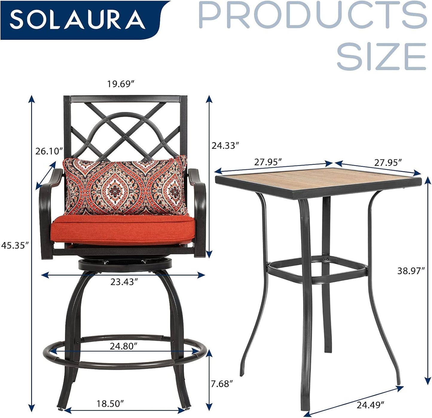 3-Piece Outdoor Patio Swivel Bar Stool Set with Height Outdoor Bar Table (Wood-Like Desktop) and Patio High Swivel Bar Stool Chairs