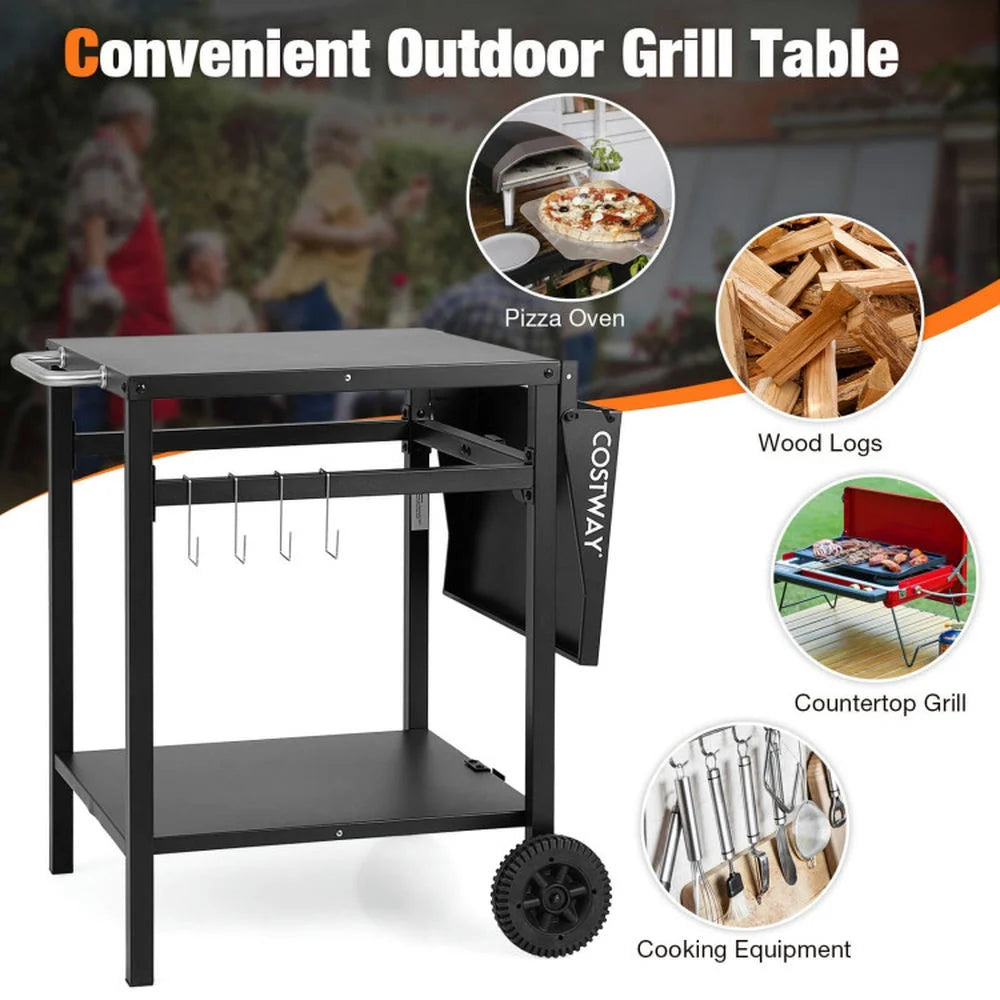 Outdoor Patio Barbecue Cooker, Outdoor Grills,Movable Outdoor Grill Cart with Folding Tabletop and Hooks-Black