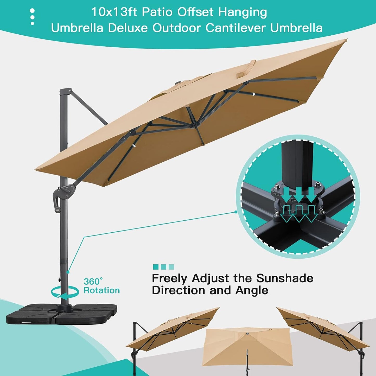 10X13Ft Cantilever Patio Umbrella Rectangular Deluxe Offset 360°Rotation & Integrated Tilting System Hanging Umbrella for Market Garden Deck Pool Backyard Patio (Tan)