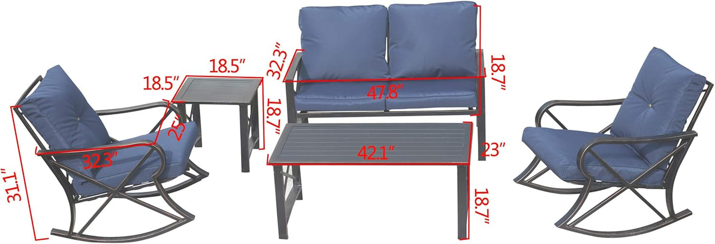 Patio Furniture Conversation Set Outdoor Patio Conversation Sectional Sets Rocking Chair Loveseat, Metal Frame with Cushions, Coffee Table for Pool-Side Backyard Lawn (5Pcs, Blue)