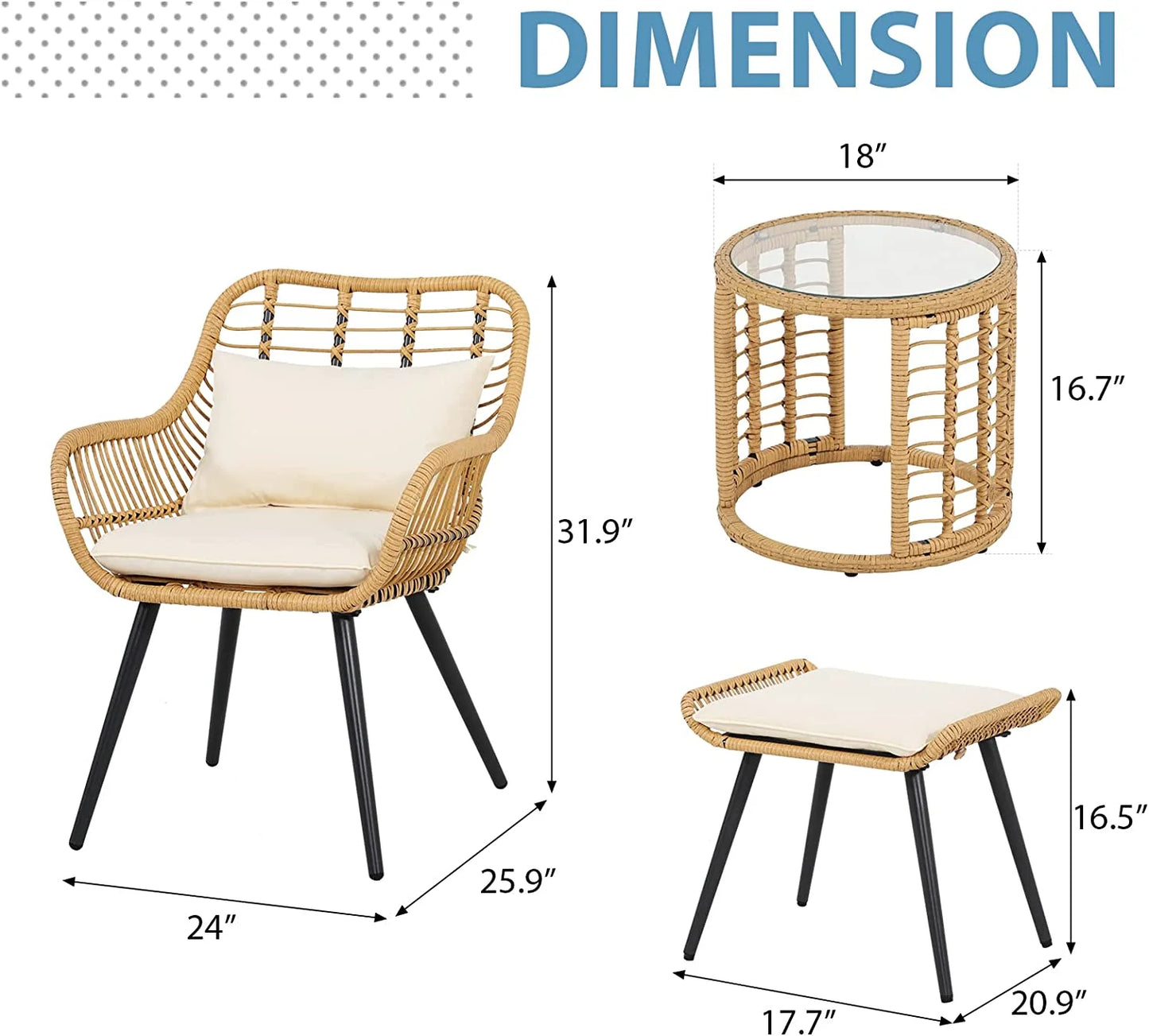 5-Piece Outdoor Wicker Furniture Set, Rattan Bistro All Weather Patio Conversation Set with Ottoman and round Coffee Side Table