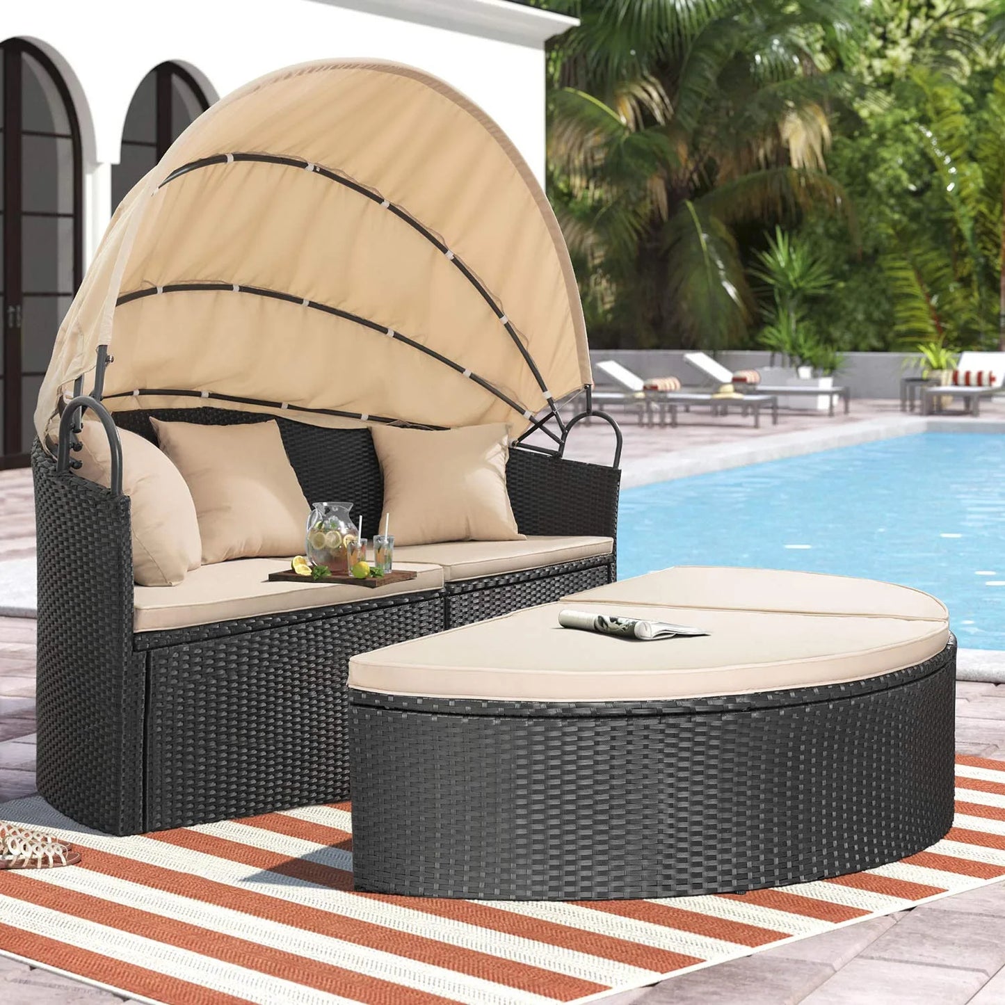 Outdoor Patio round Daybed with Retractable Canopy Wicker Furniture Sectional Seating with Washable Cushions for Patio Backyard Porch Pool Daybed Separated Seating (Beige)