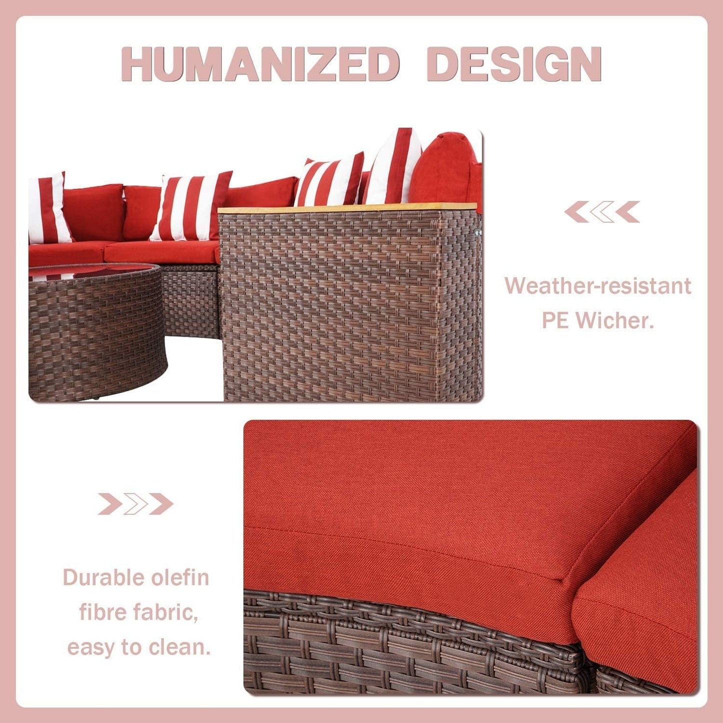 5-Piece Patio Sectional Furniture Set Half-Moon Patio Set Brown Wicker Curved Outdoor Sofa with Red Cushions & round Glass Coffee Table (Pillow Included)