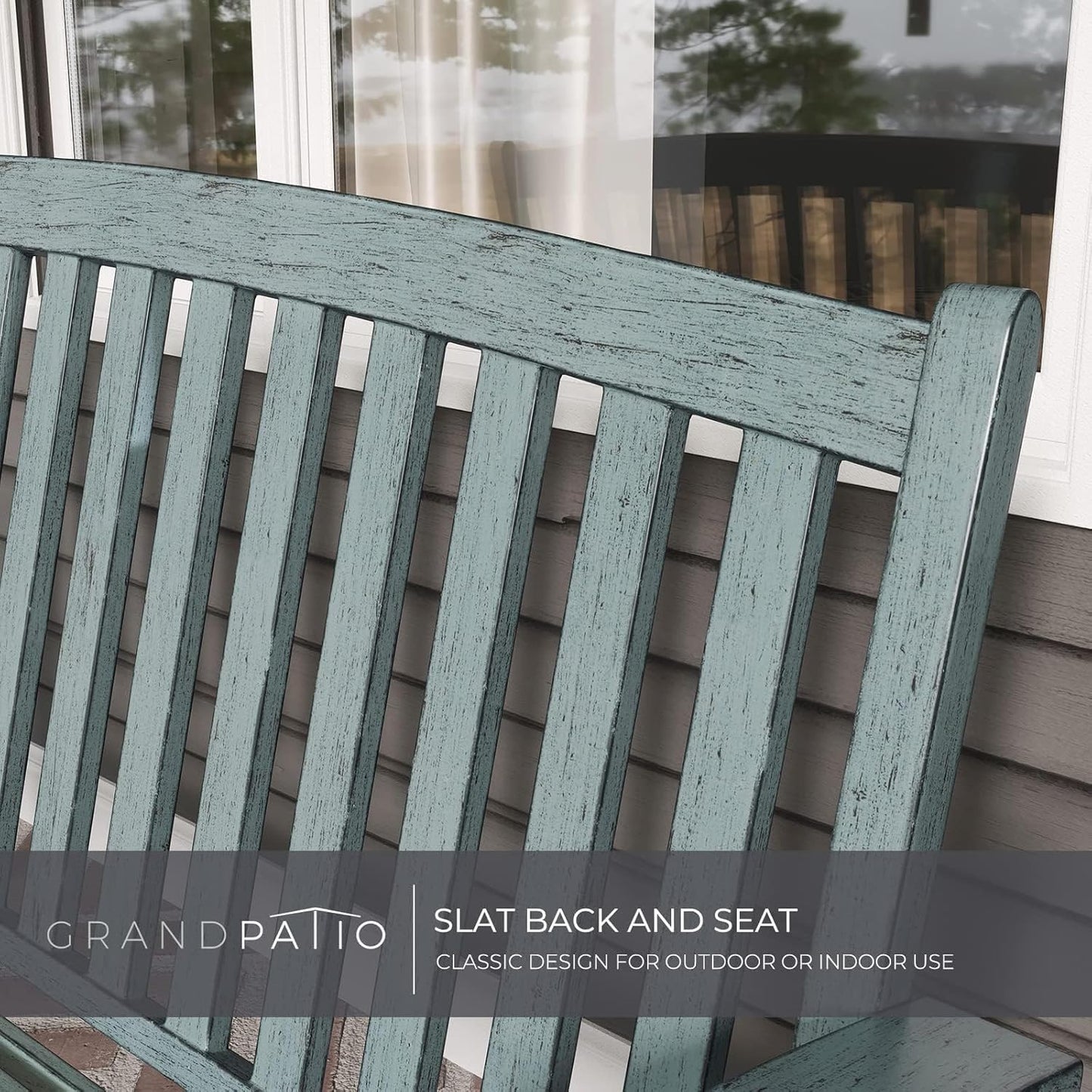 Farmhouse Outdoor Bench, Garden Benches with Anti-Rust Aluminum Metal Frame, Faux Wood Grain Finish Frame Patio Bench for Front Porch, Weathered Blue