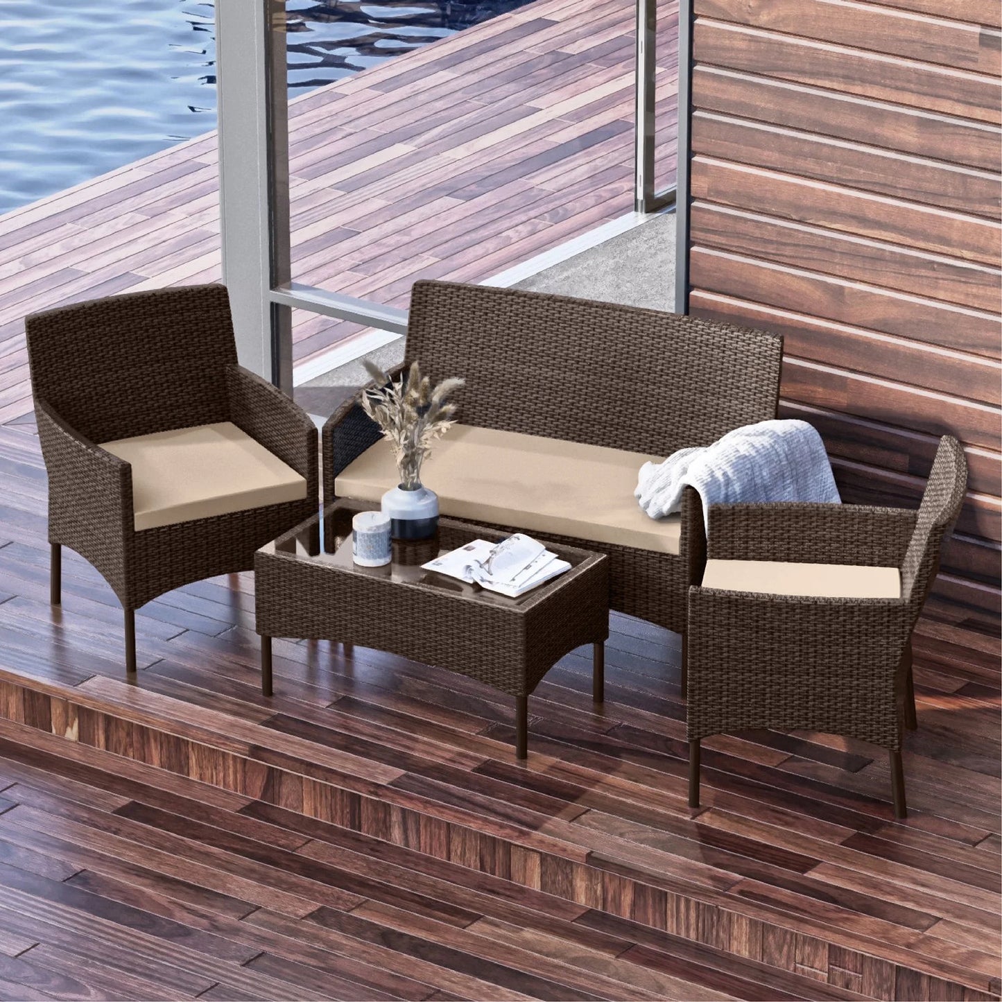 Patio Furniture Set, Outdoor Wicker 4 Piece Patio Chairs Set, Brown with Beige Cushions