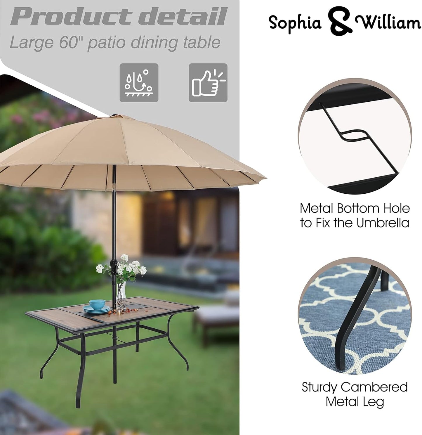 Patio Dining Set 8 Pieces Outdoor Metal Furniture Set with 13Ft Double-Sided Patio Umbrella Beige, 6 X Swivel Patio Dining Chairs, 1 Wood like Umbrella Table for Patio Garden